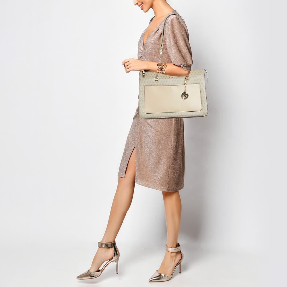 Monogram Dkny Beige Monogram Coated And Leather Large Bryant Chain Zip Tote