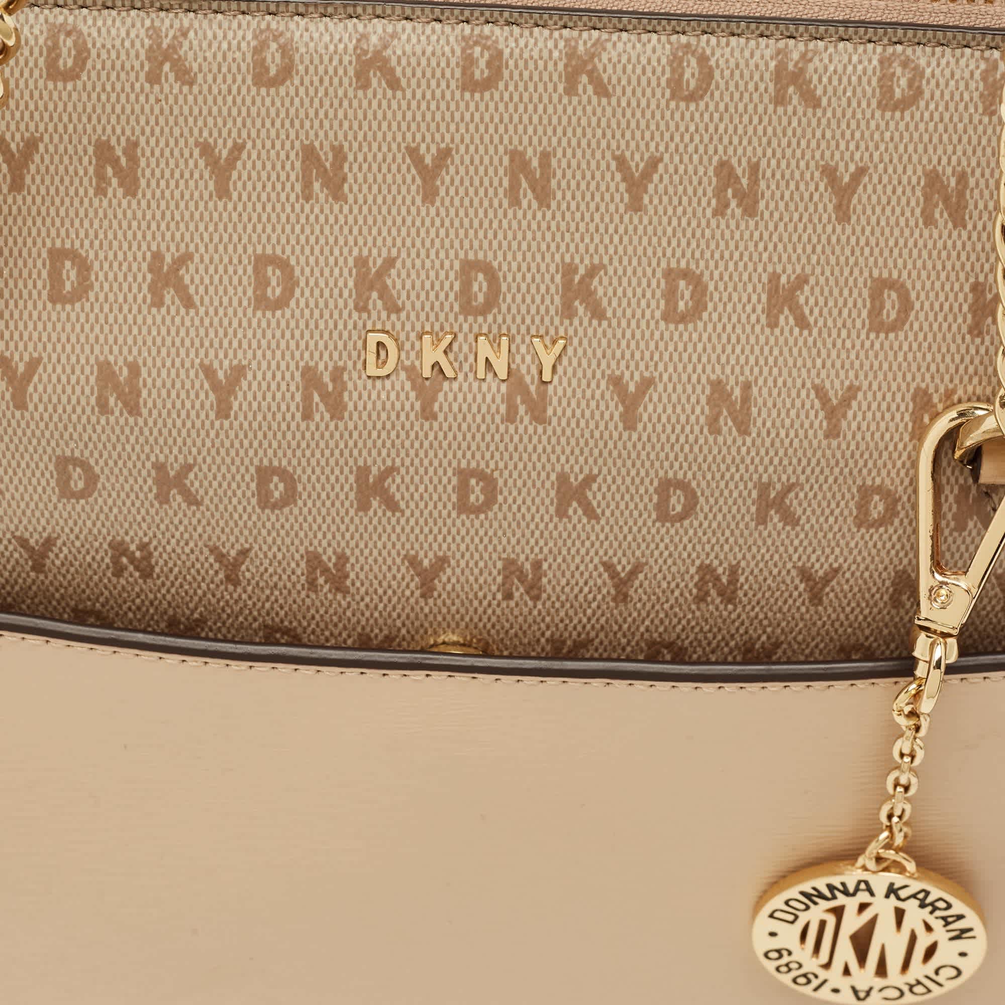 Monogram Dkny Beige Monogram Coated And Leather Large Bryant Chain Zip Tote