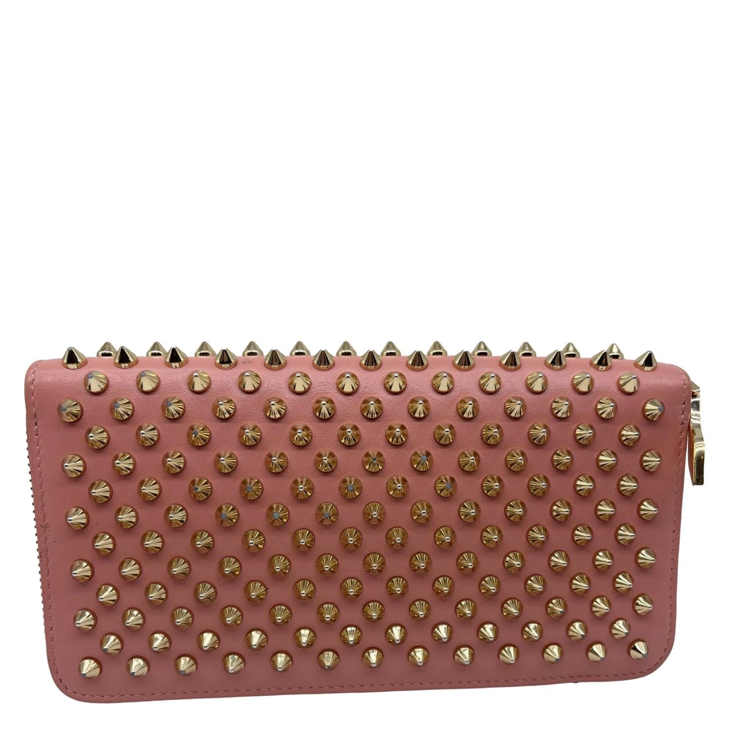CHRISTIAN LOUBOUTIN Panettone Spikes Leather Zip Around Wallet Light Pink