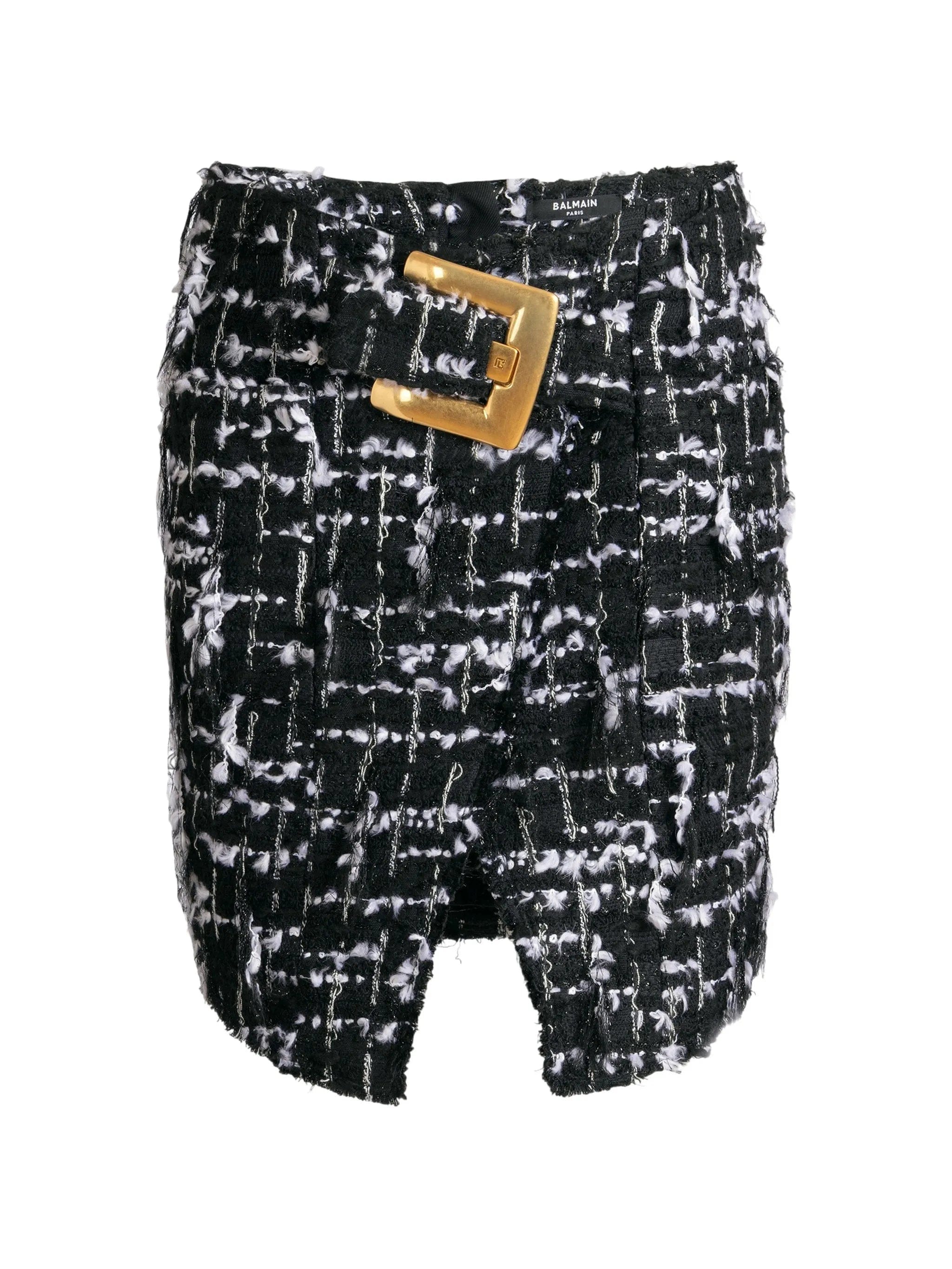 Balmain belted fringed tweed skirt