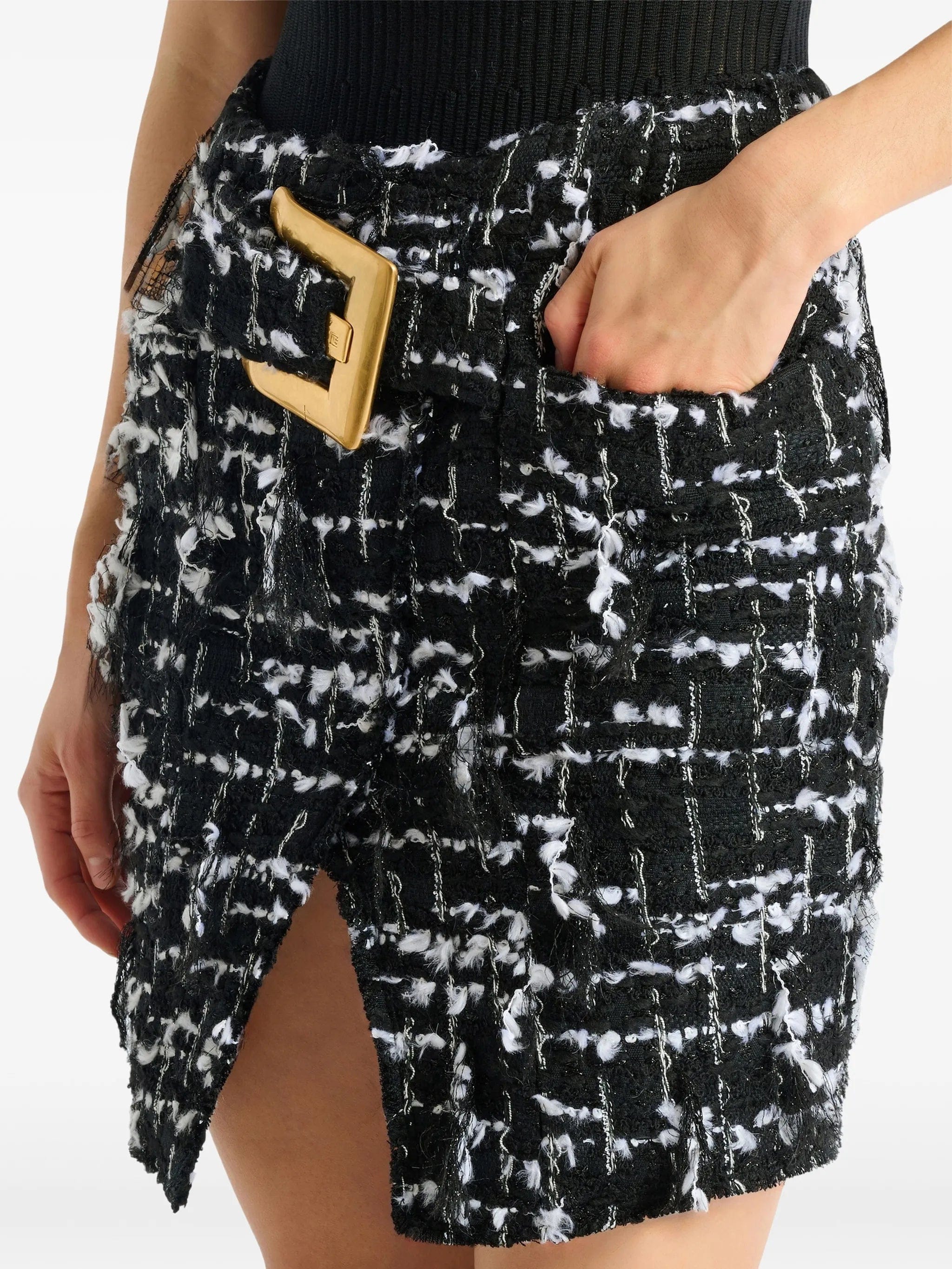 Balmain belted fringed tweed skirt