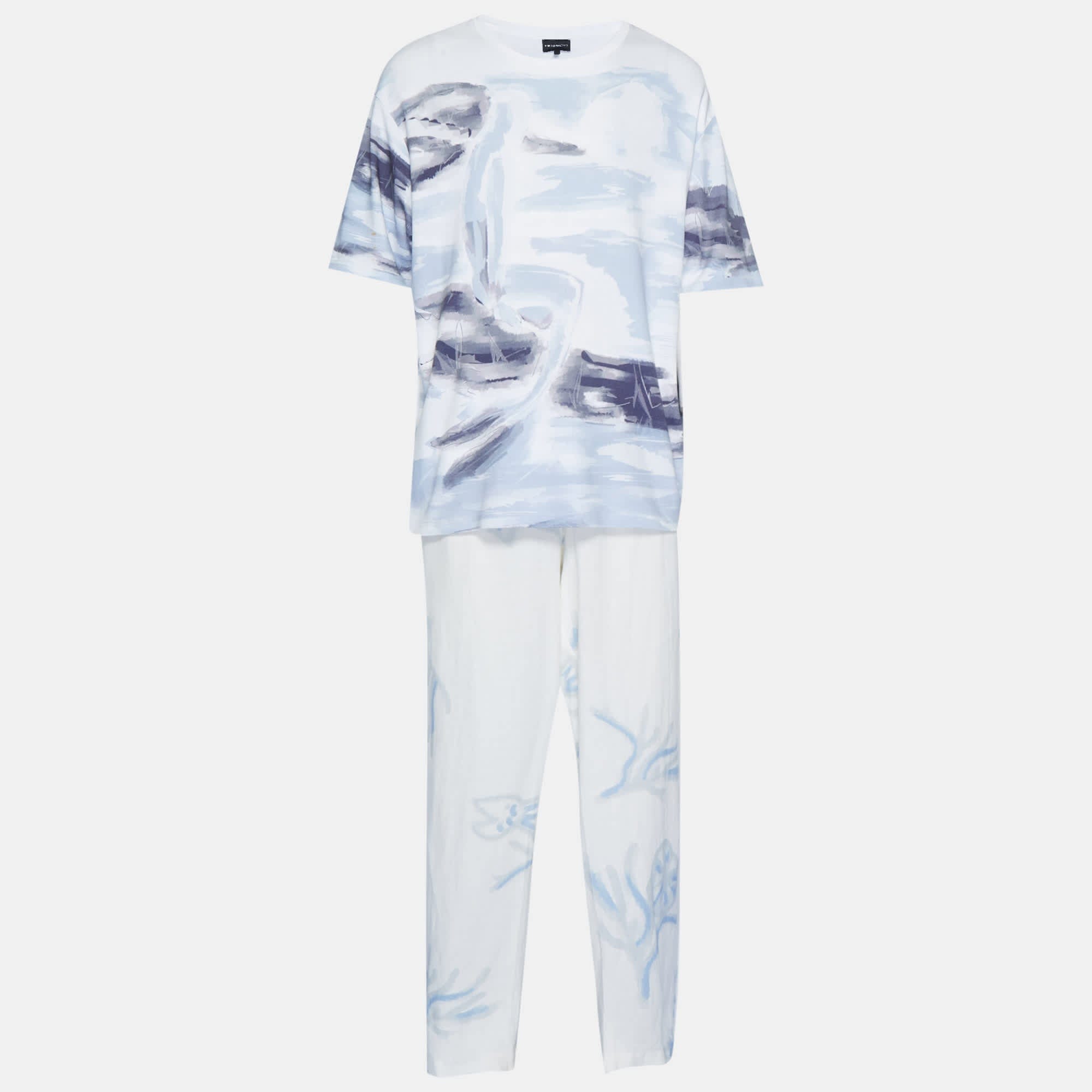 Emporio Armani Blue/white Printed Jersey And Cotton Set