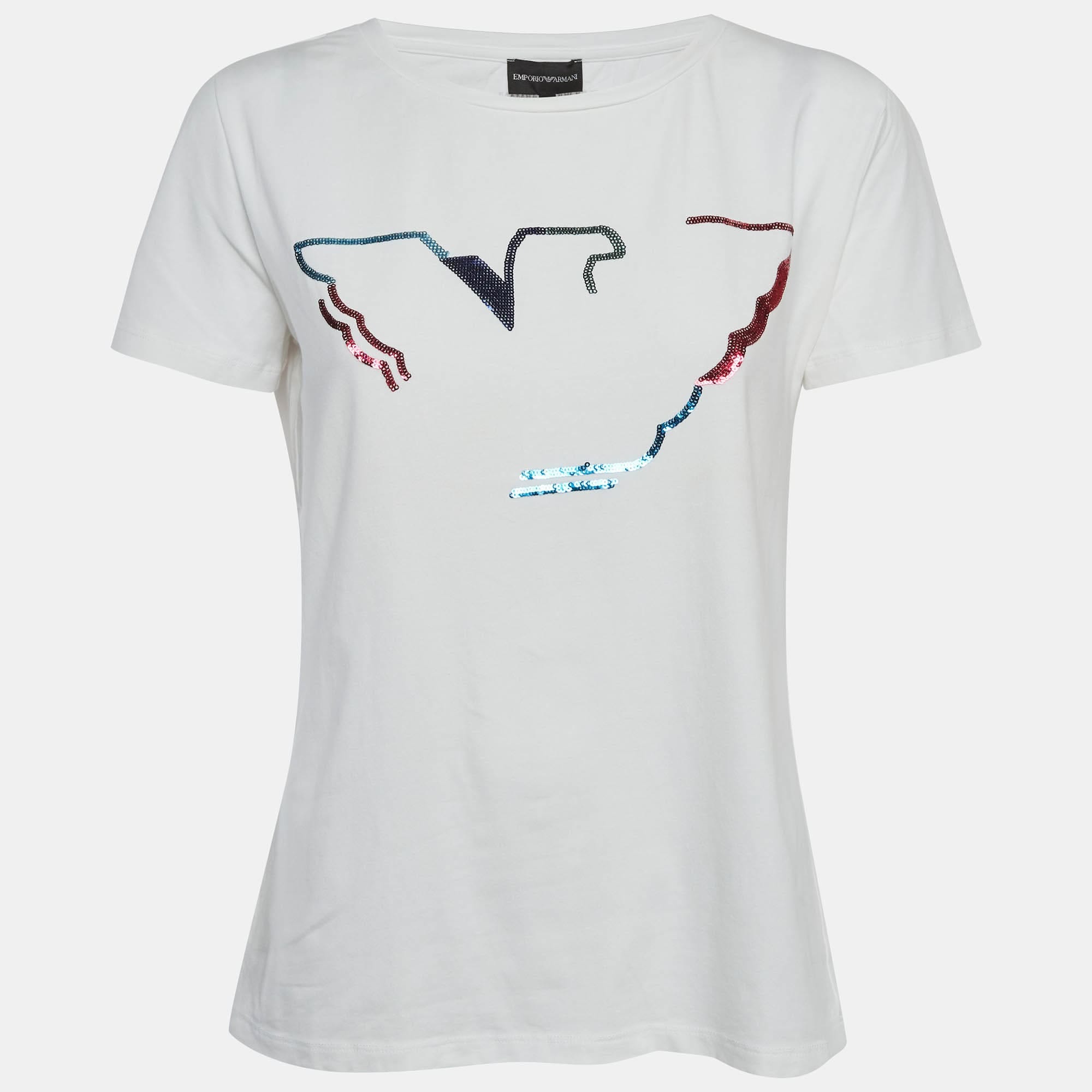 Emporio Armani White Logo Sequin Jersey T - Shirt