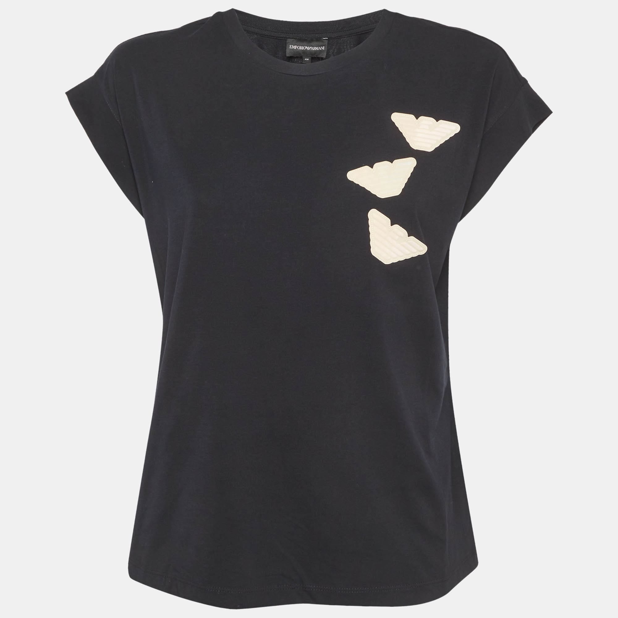 Emporio Armani Black Cotton Knit Logo Applique T - Shirt