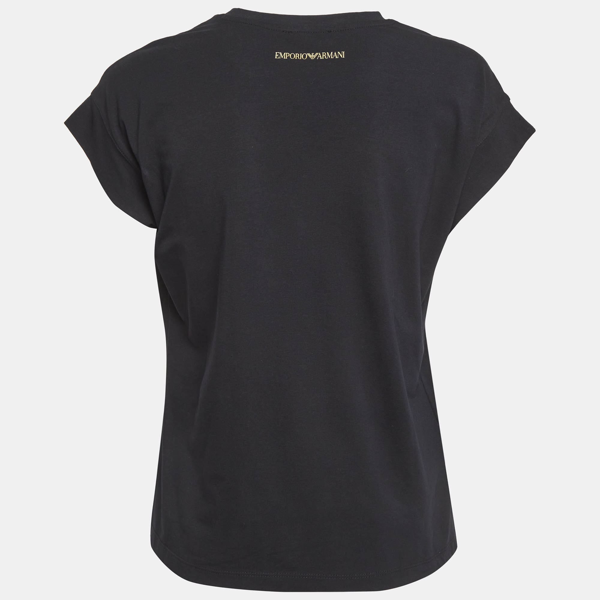 Emporio Armani Black Cotton Knit Logo Applique T - Shirt