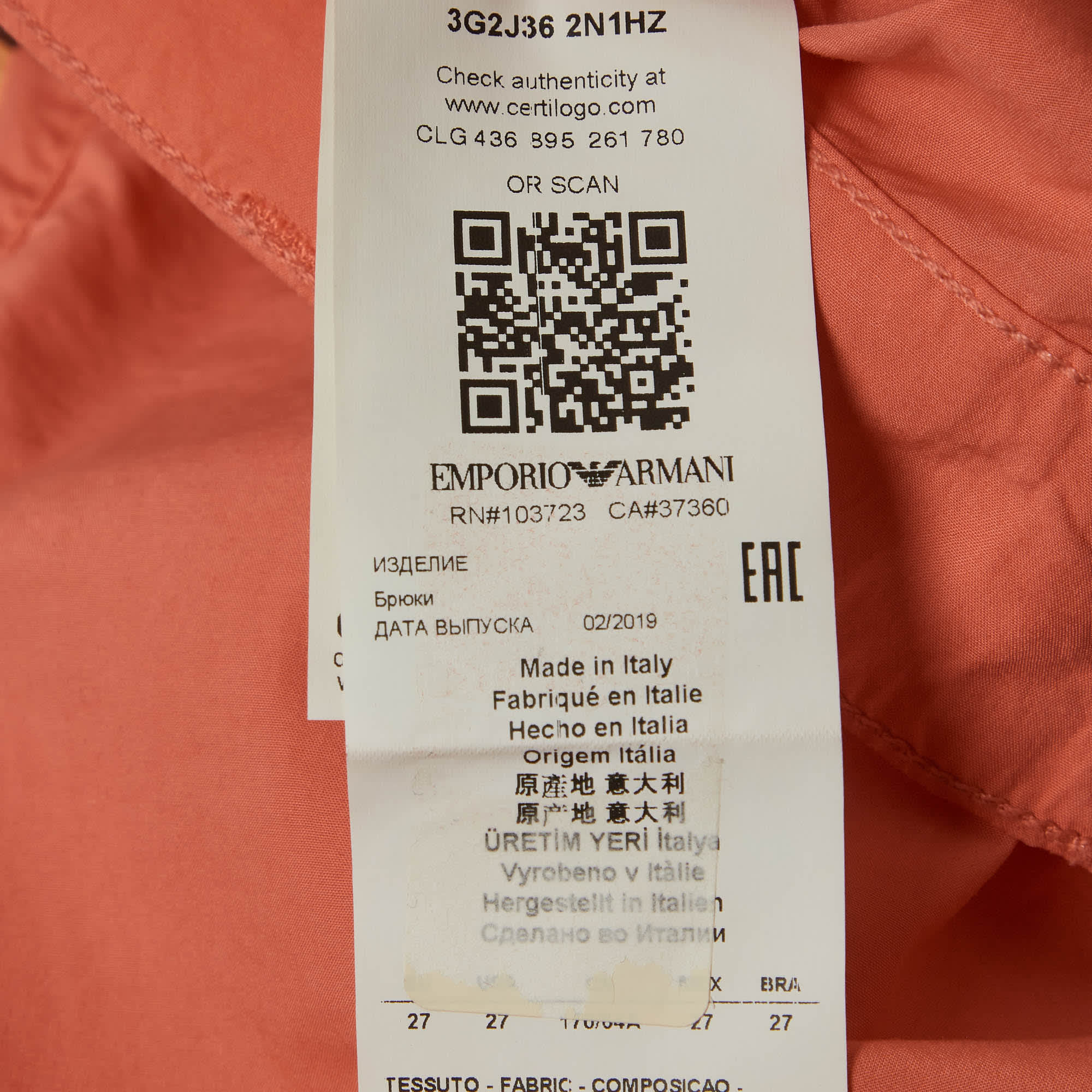 Emporio Armani Salmon Red Cotton Cropped Pants