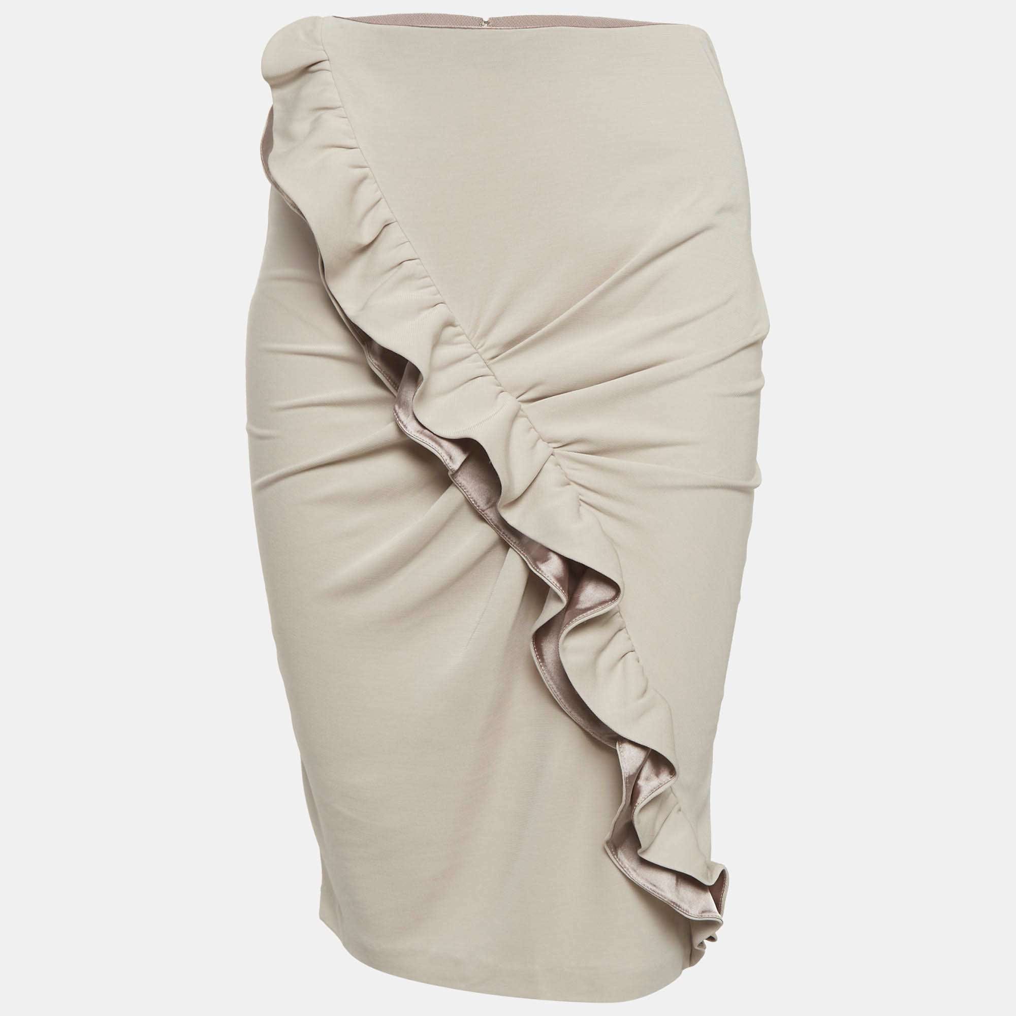 Emporio Armani Beige Jersey Ruffle Detail Pencil Skirt