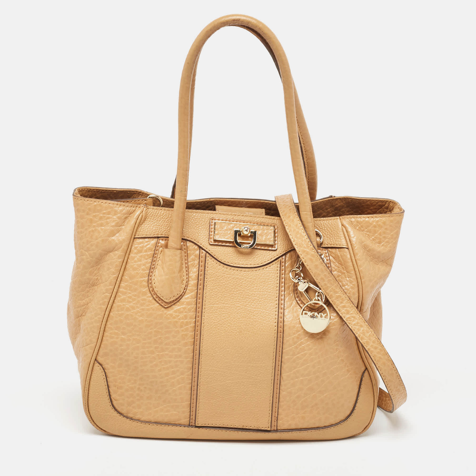 Dkny Beige Leather Logo Charm Shoulder Bag