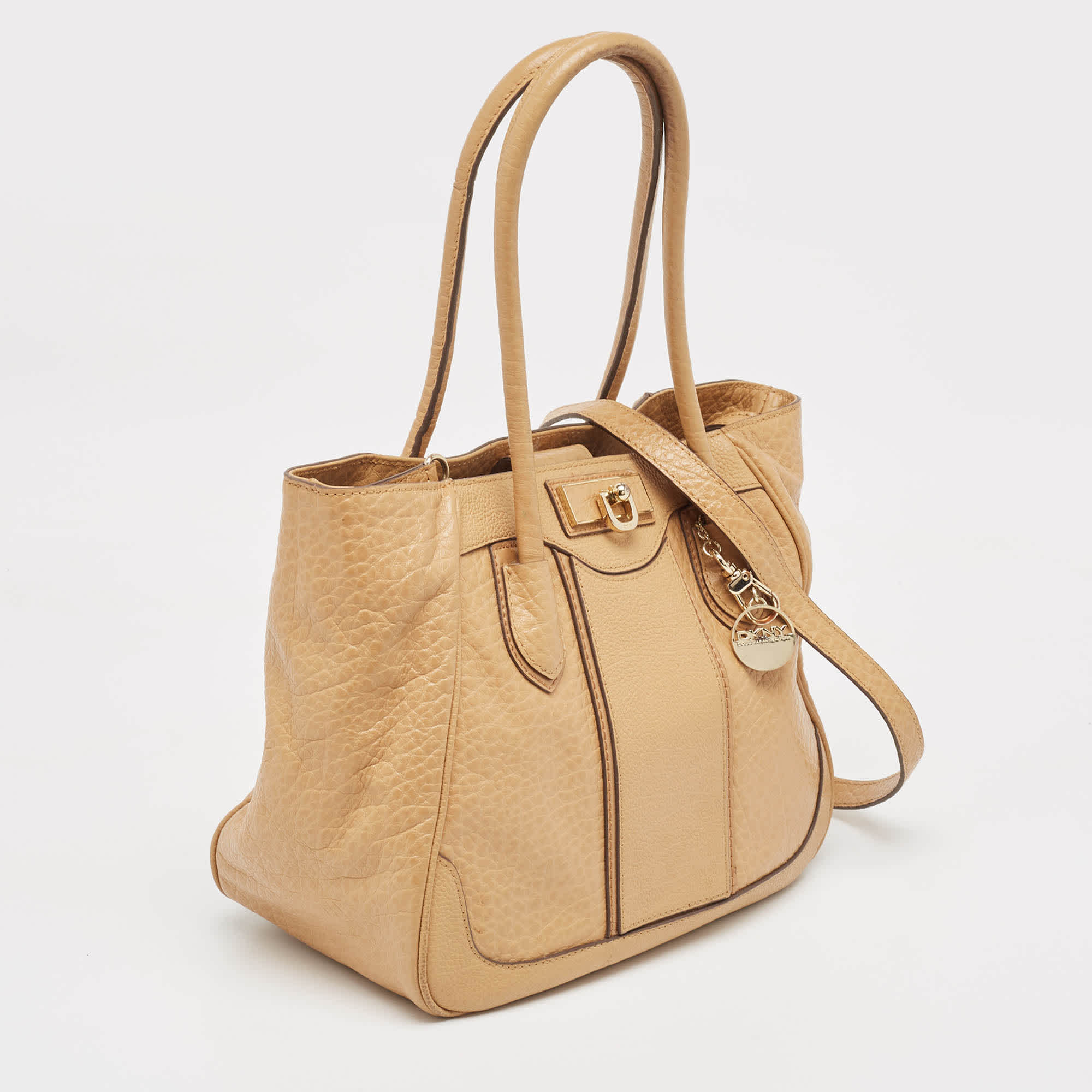 Dkny Beige Leather Logo Charm Shoulder Bag