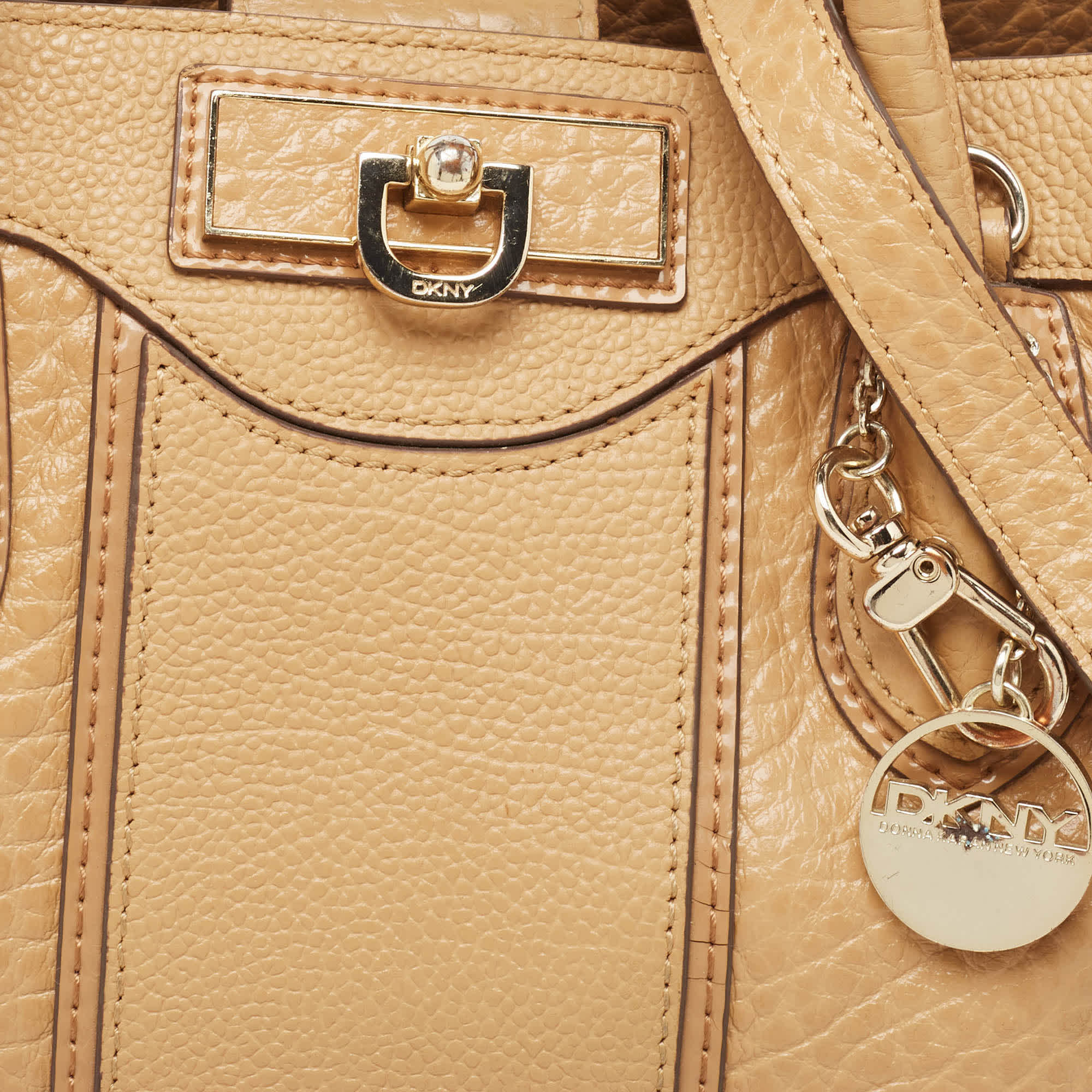 Dkny Beige Leather Logo Charm Shoulder Bag