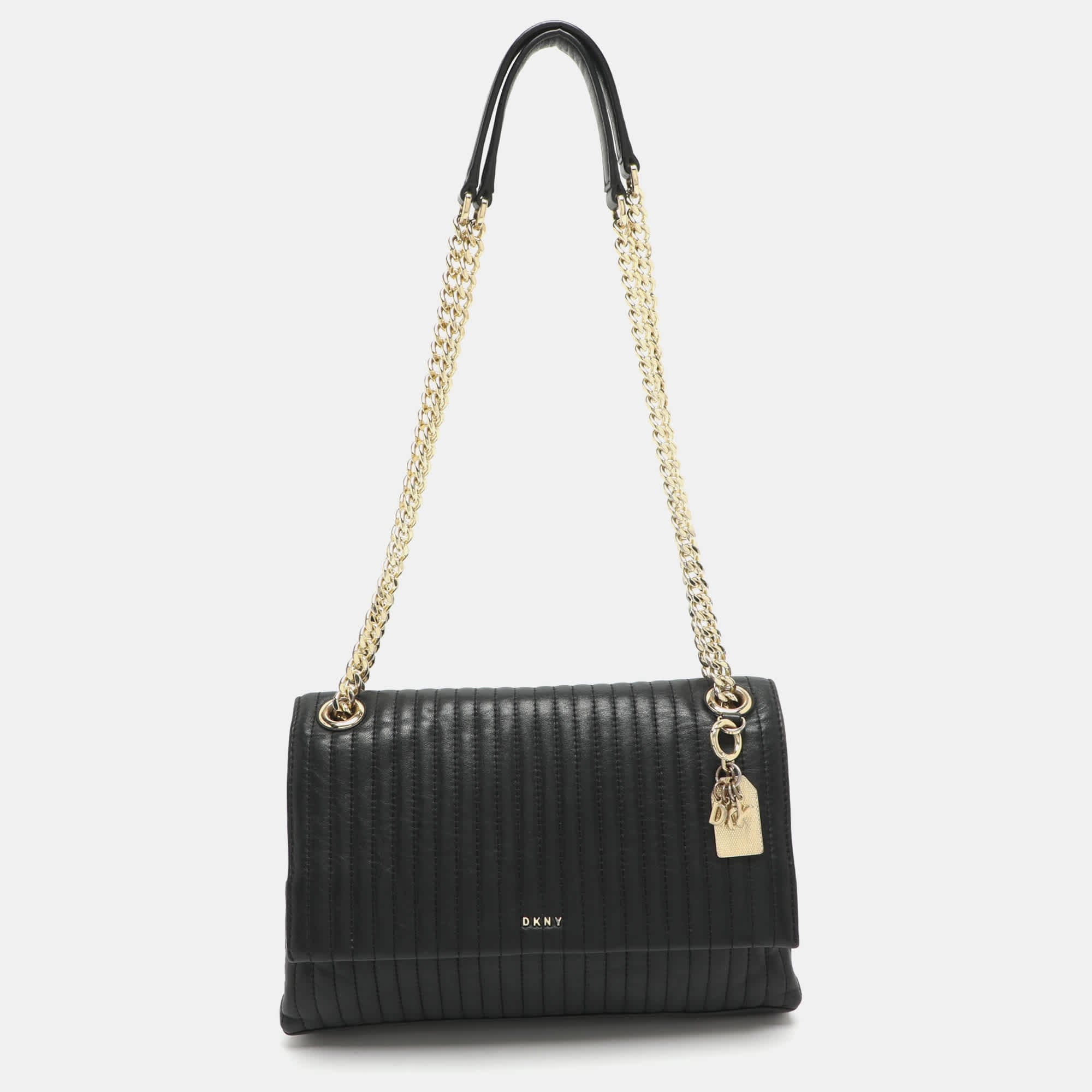 Dkny Black Pinstripe Quilted Leather Shoulder Bag