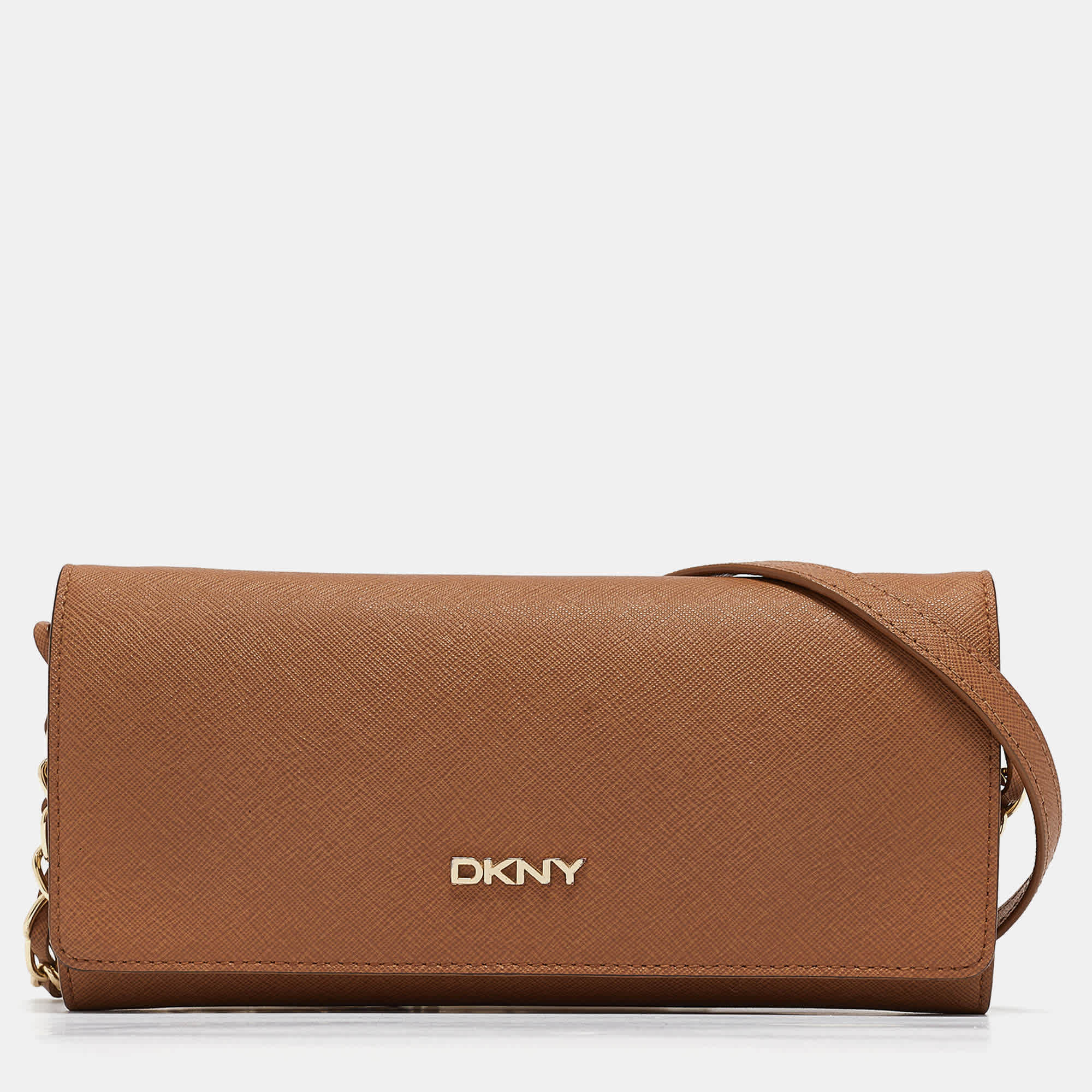 Dkny Brown Saffiano Leather Flap Wallet On Chain