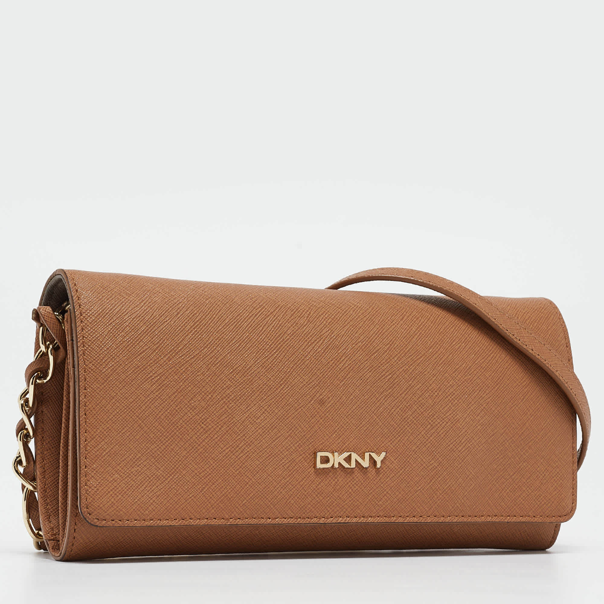 Dkny Brown Saffiano Leather Flap Wallet On Chain