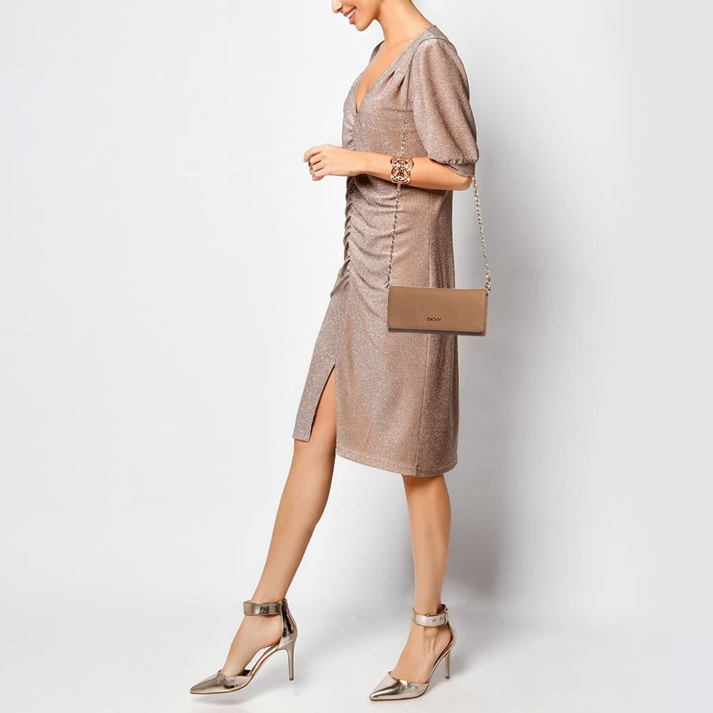 Dkny Brown Saffiano Leather Flap Wallet On Chain