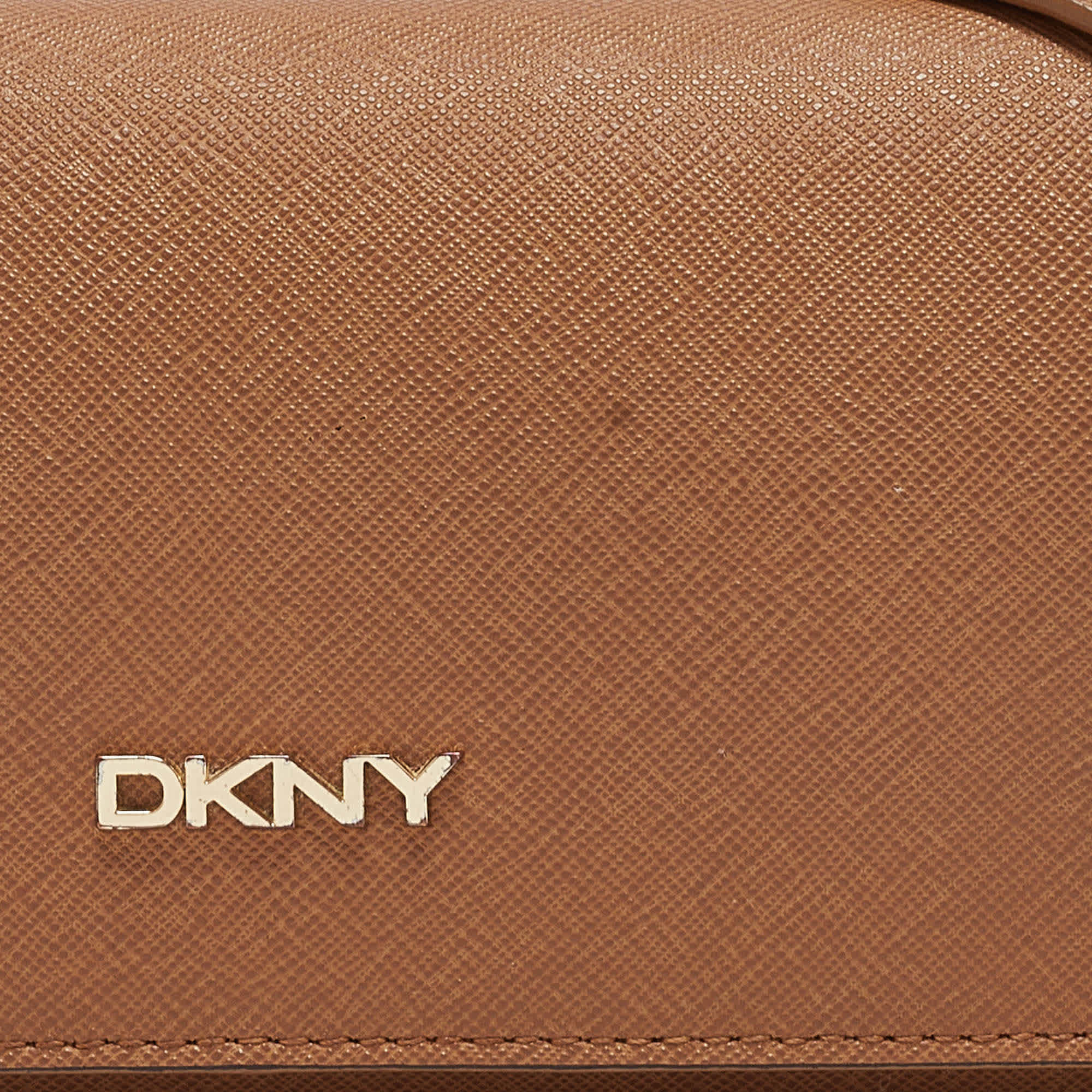 Dkny Brown Saffiano Leather Flap Wallet On Chain