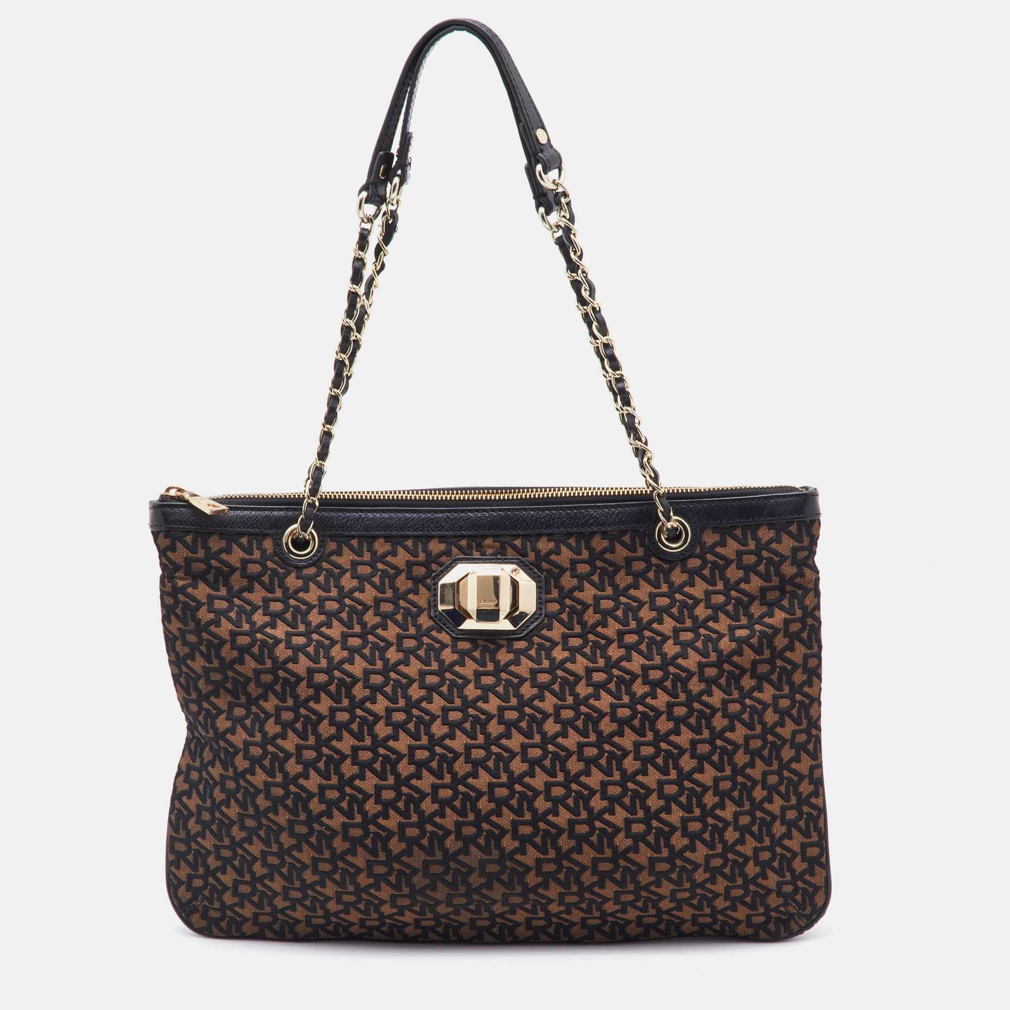 Dkny Brown/black Signature Canvas And Leather Chain Shoulder Bag