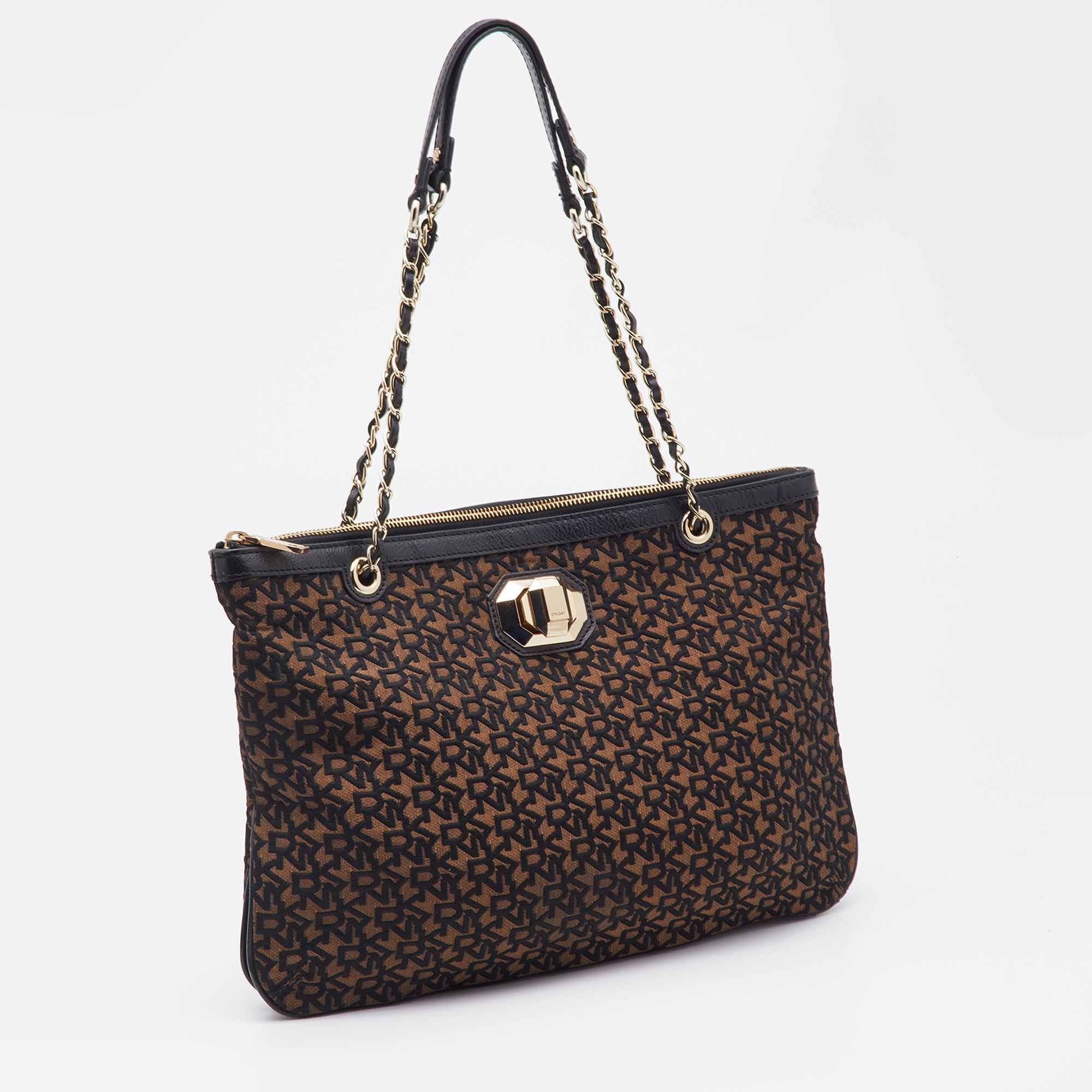 Dkny Brown/black Signature Canvas And Leather Chain Shoulder Bag