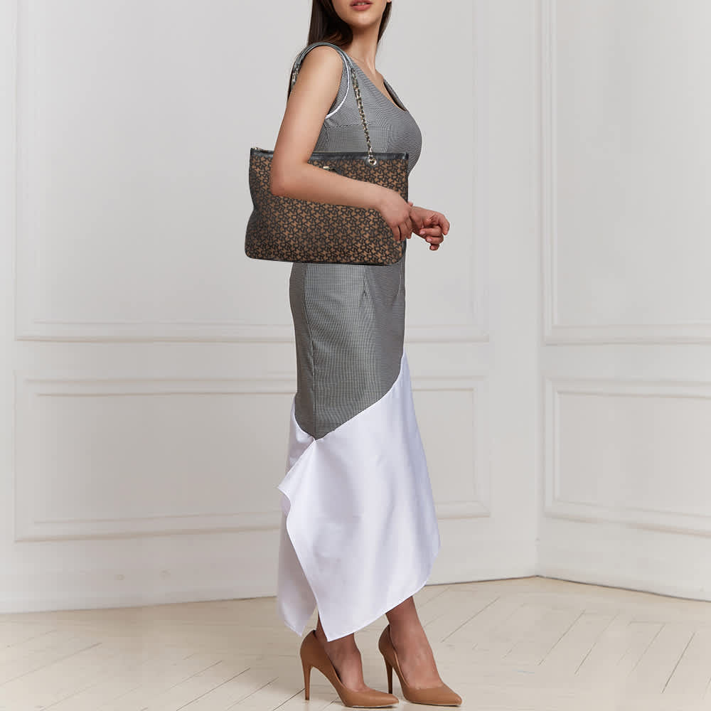 Dkny Brown/black Signature Canvas And Leather Chain Shoulder Bag