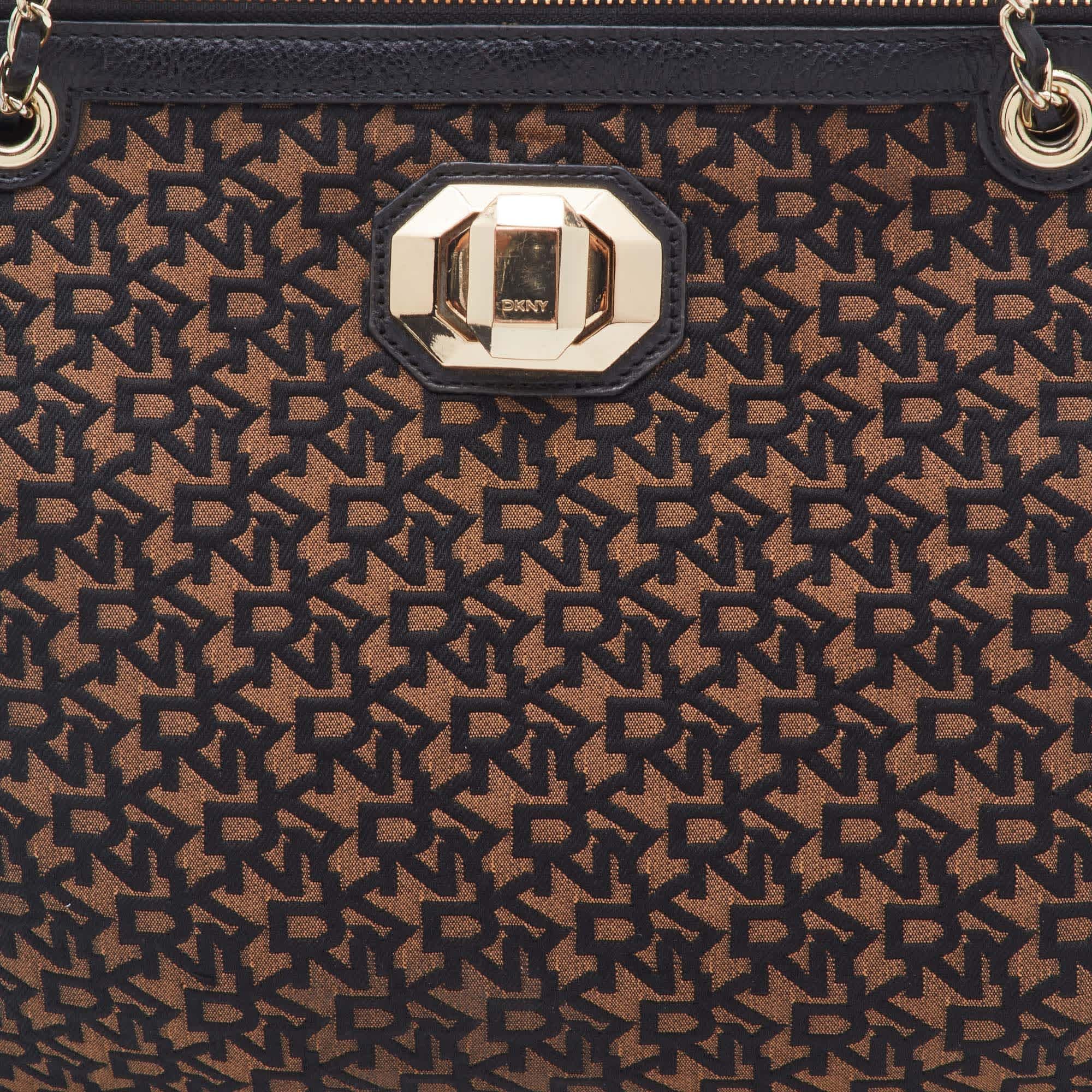 Dkny Brown/black Signature Canvas And Leather Chain Shoulder Bag