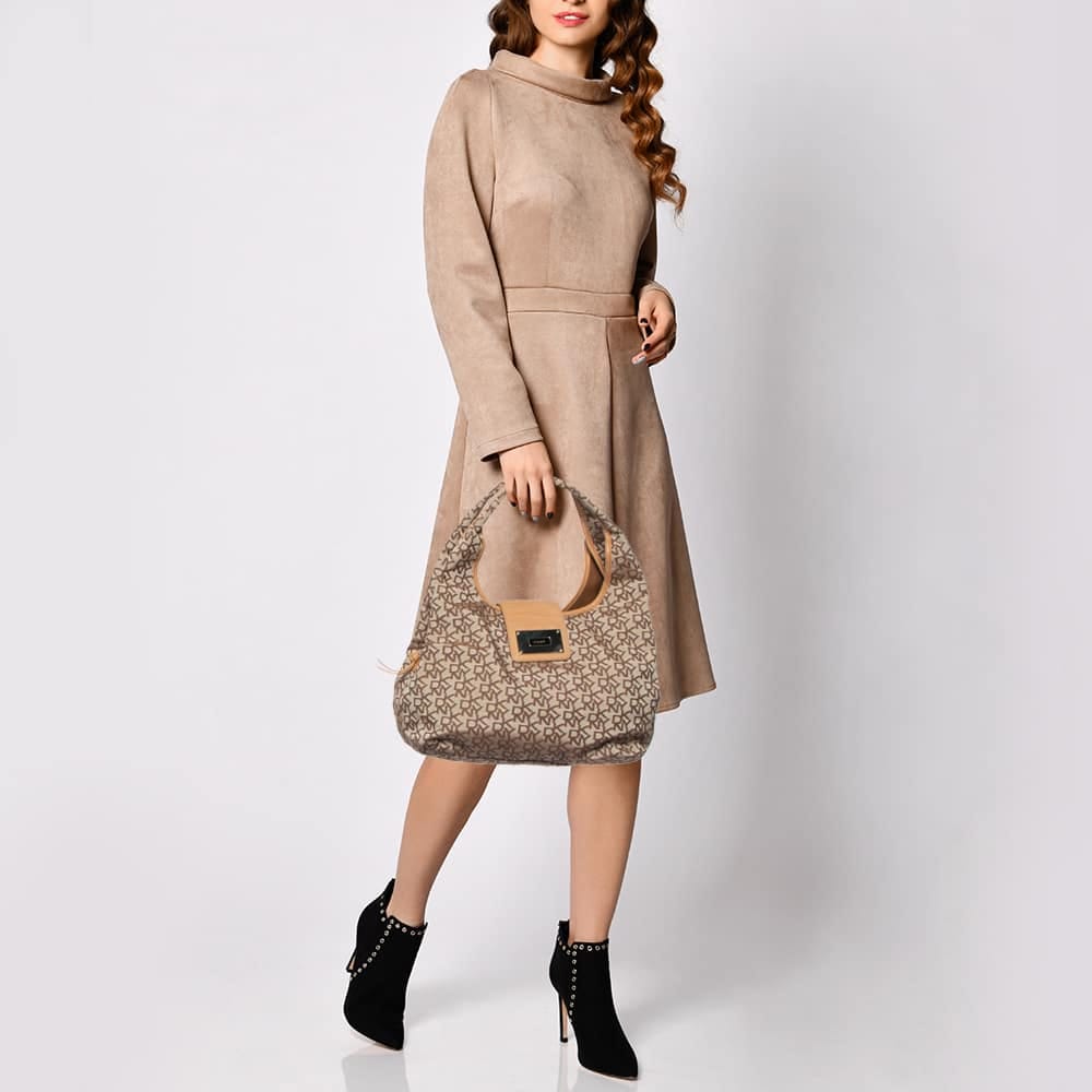 Dkny Beige Signature Fabric And Leather Town And Country Hobo