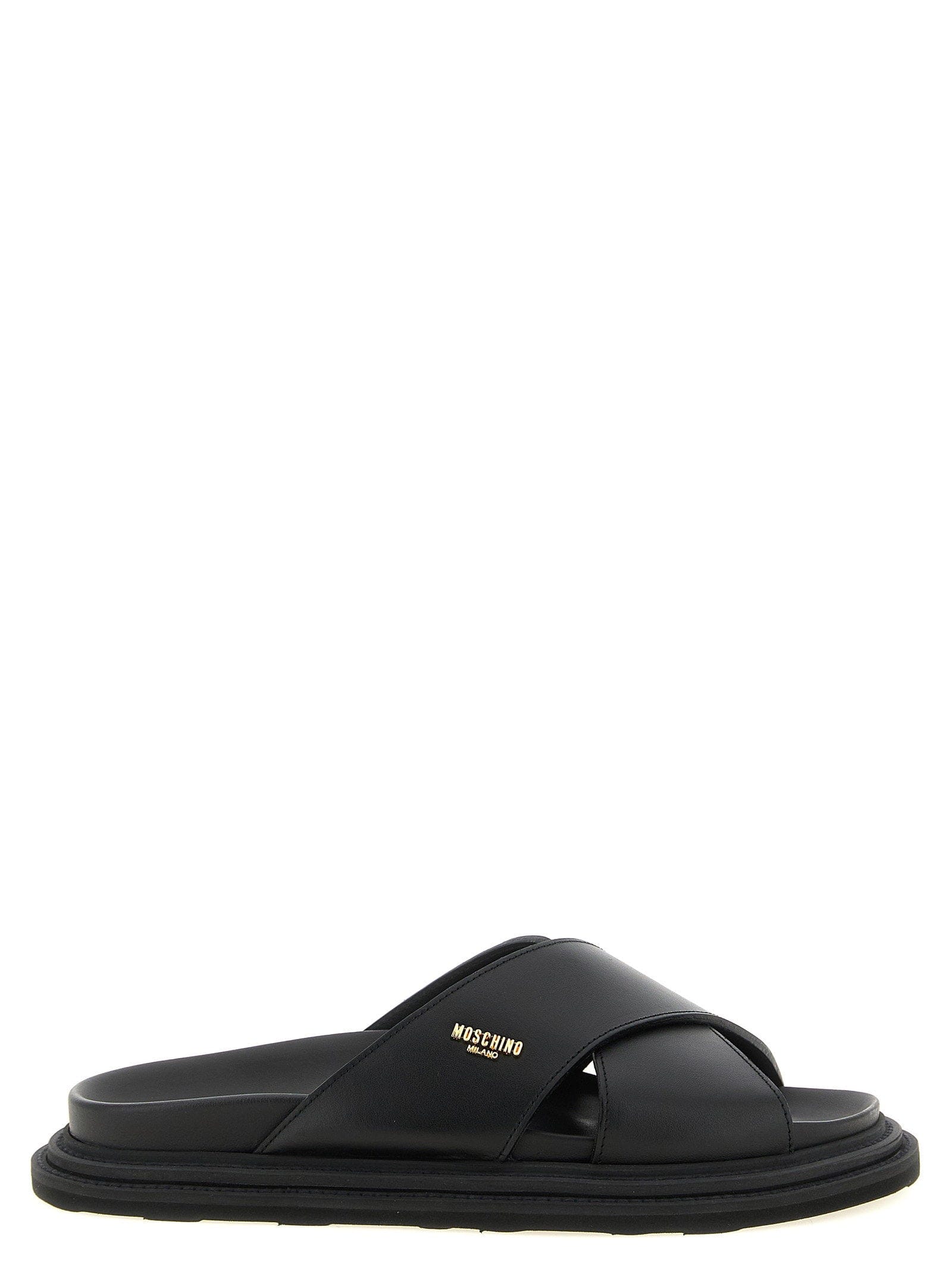 Moschino Calf Leather Crossed - Band Slide — Black