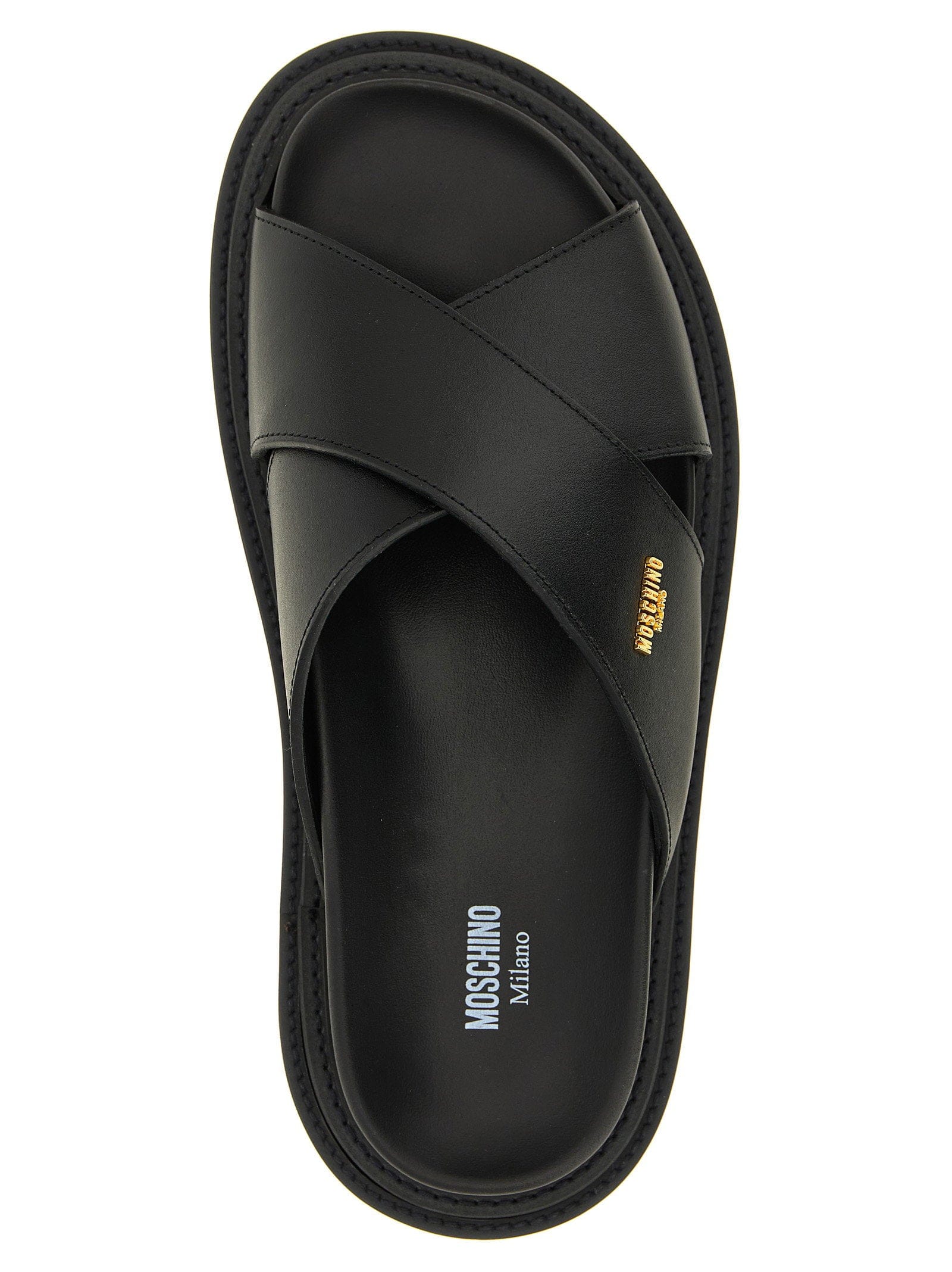 Moschino Calf Leather Crossed - Band Slide — Black