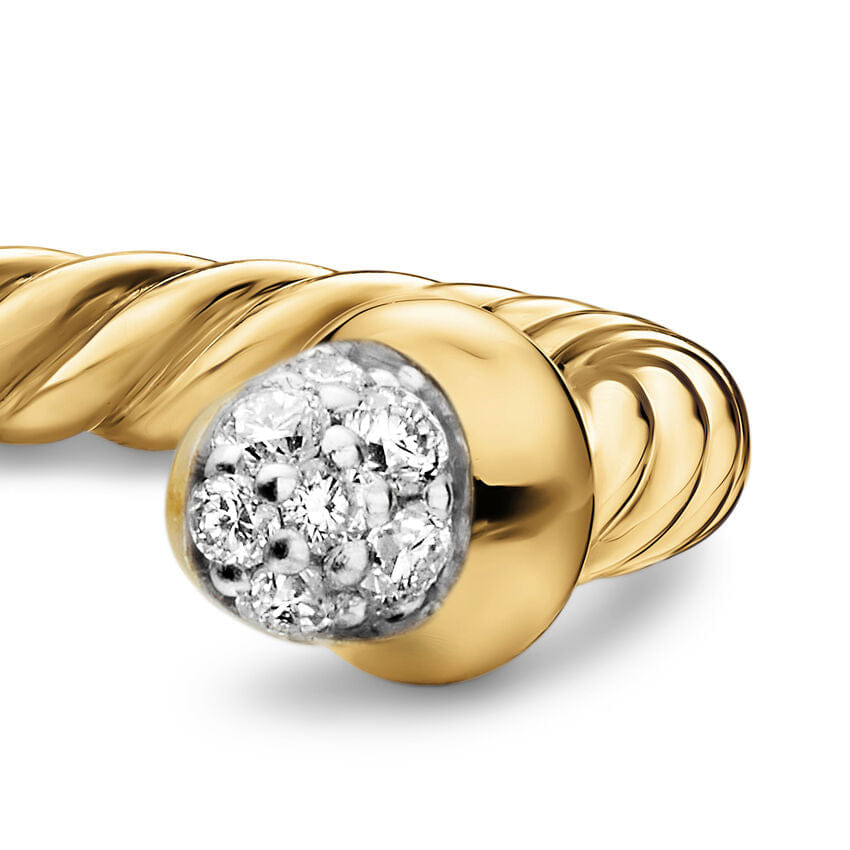 David Yurman Micro Cablespira Flex Open Ring in 18K Yellow Gold with Pavé Diamond Domes, 2.5 mm, Size 6