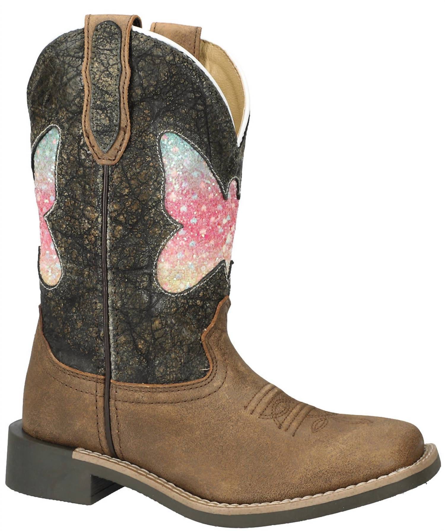 Chloe Kids' Chloe Square Toe Western Boots In Brown Distress/charcoal