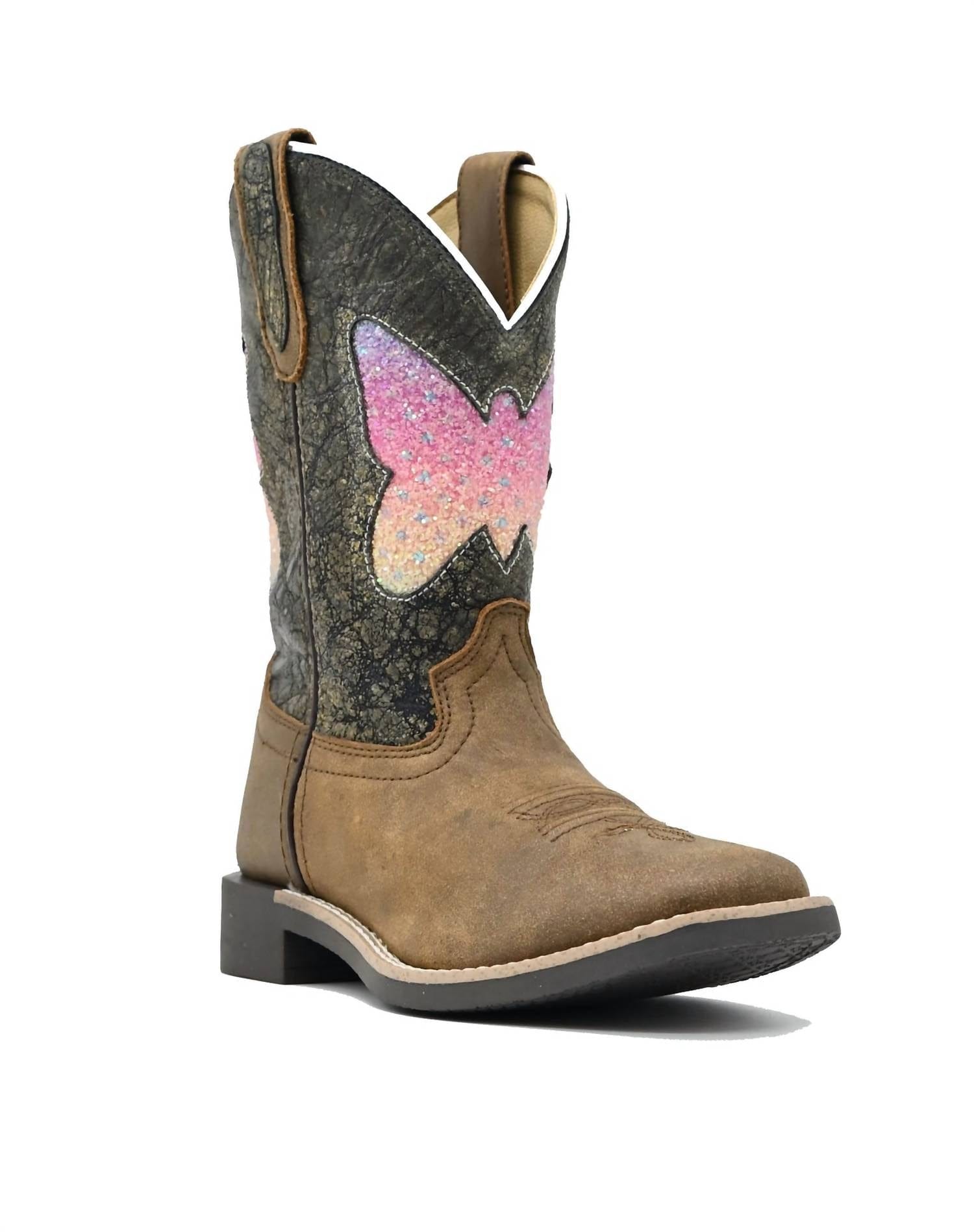 Chloe Kids' Chloe Square Toe Western Boots In Brown Distress/charcoal