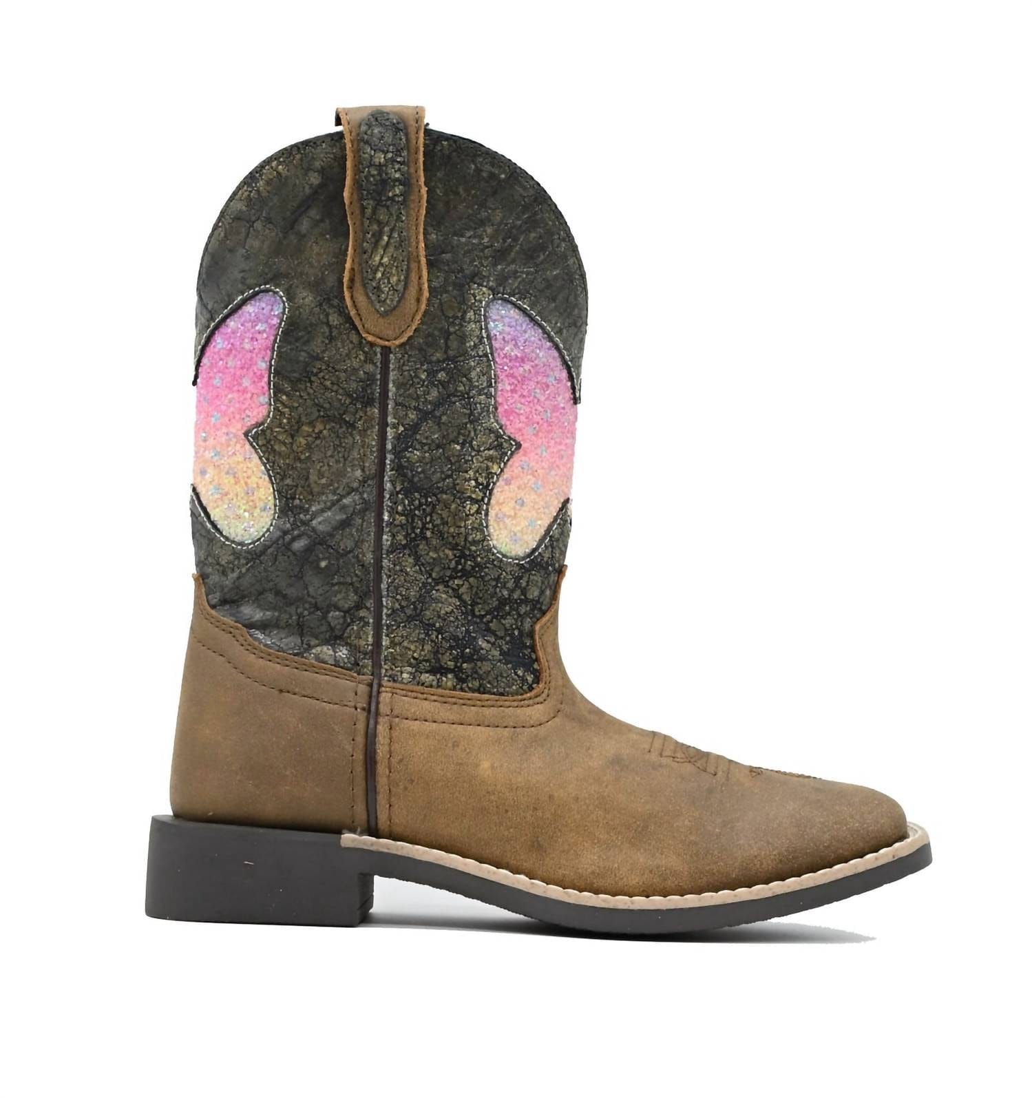 Chloe Kids' Chloe Square Toe Western Boots In Brown Distress/charcoal