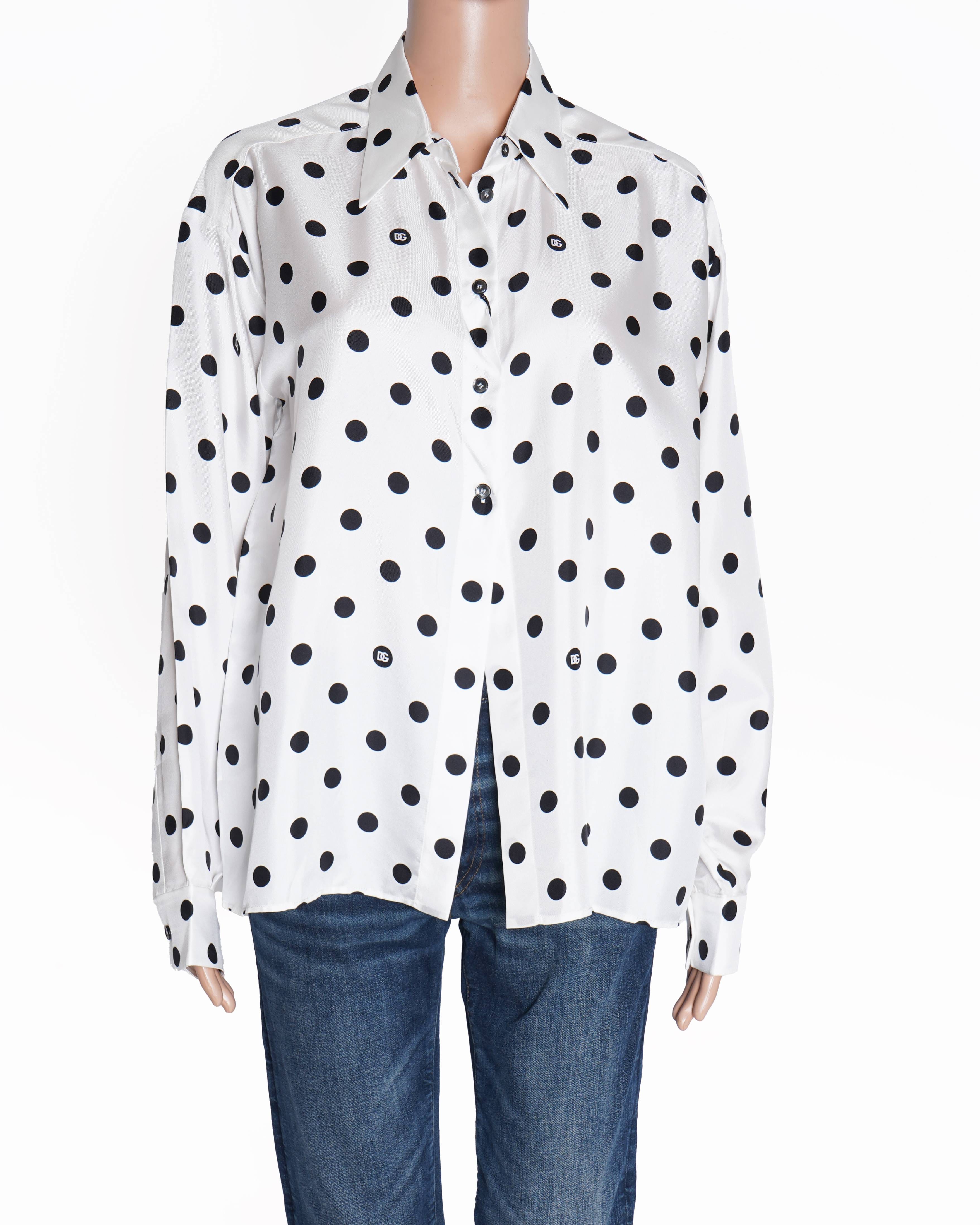 Dolce & Gabbana New Dolce & Gabbana White Full Sleeve Shirt With Black Polka Dot