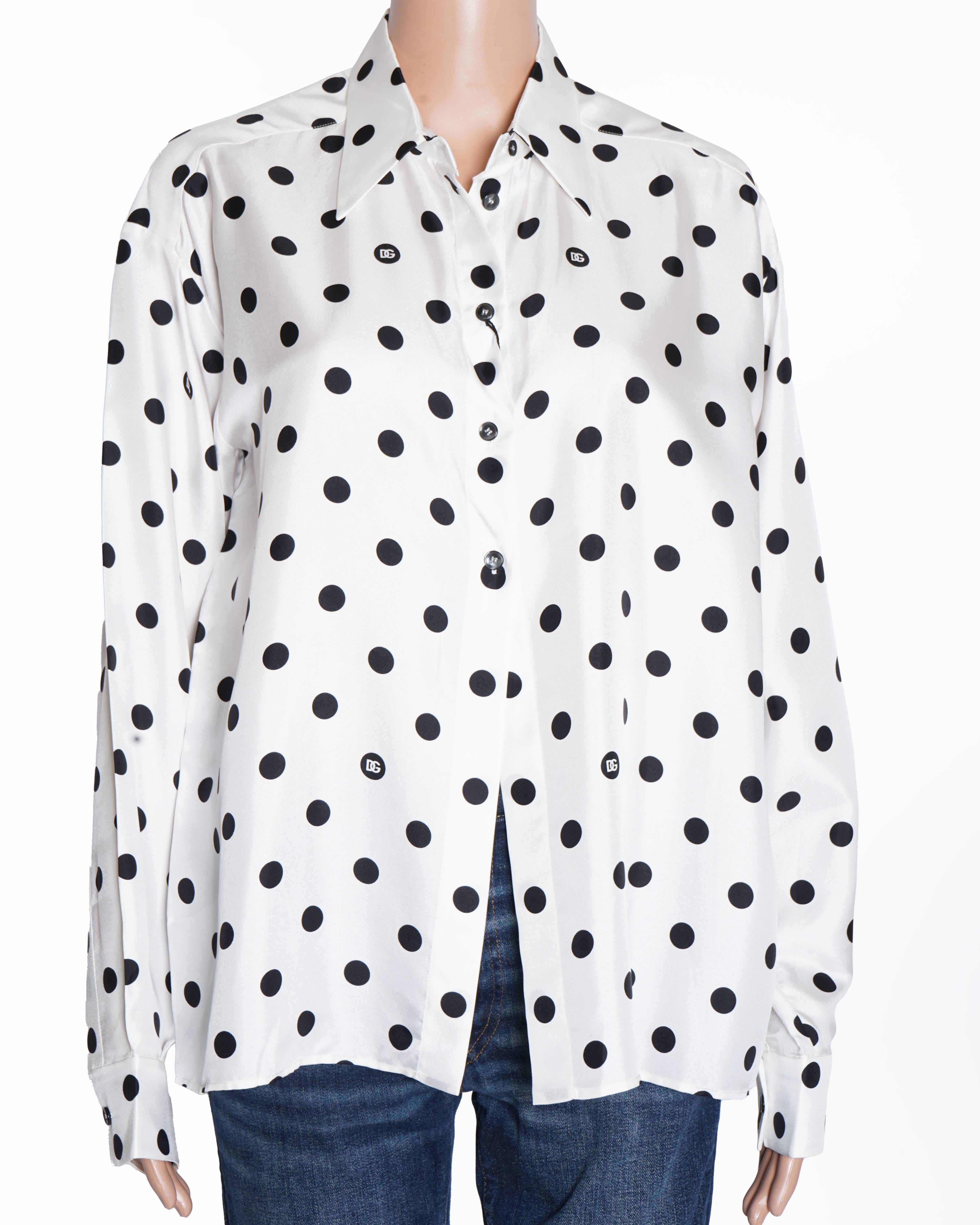 Dolce & Gabbana New Dolce & Gabbana White Full Sleeve Shirt With Black Polka Dot
