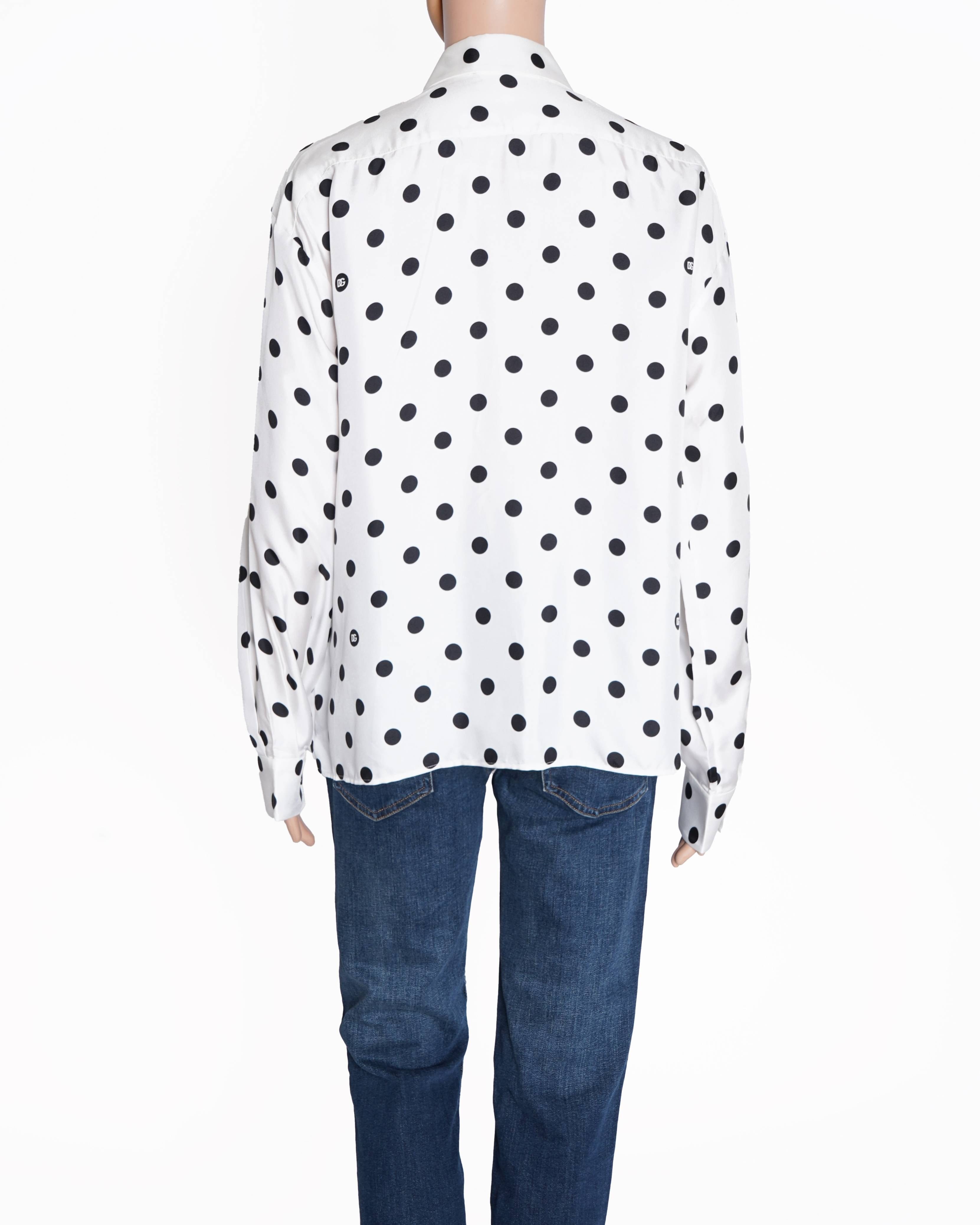 Dolce & Gabbana New Dolce & Gabbana White Full Sleeve Shirt With Black Polka Dot