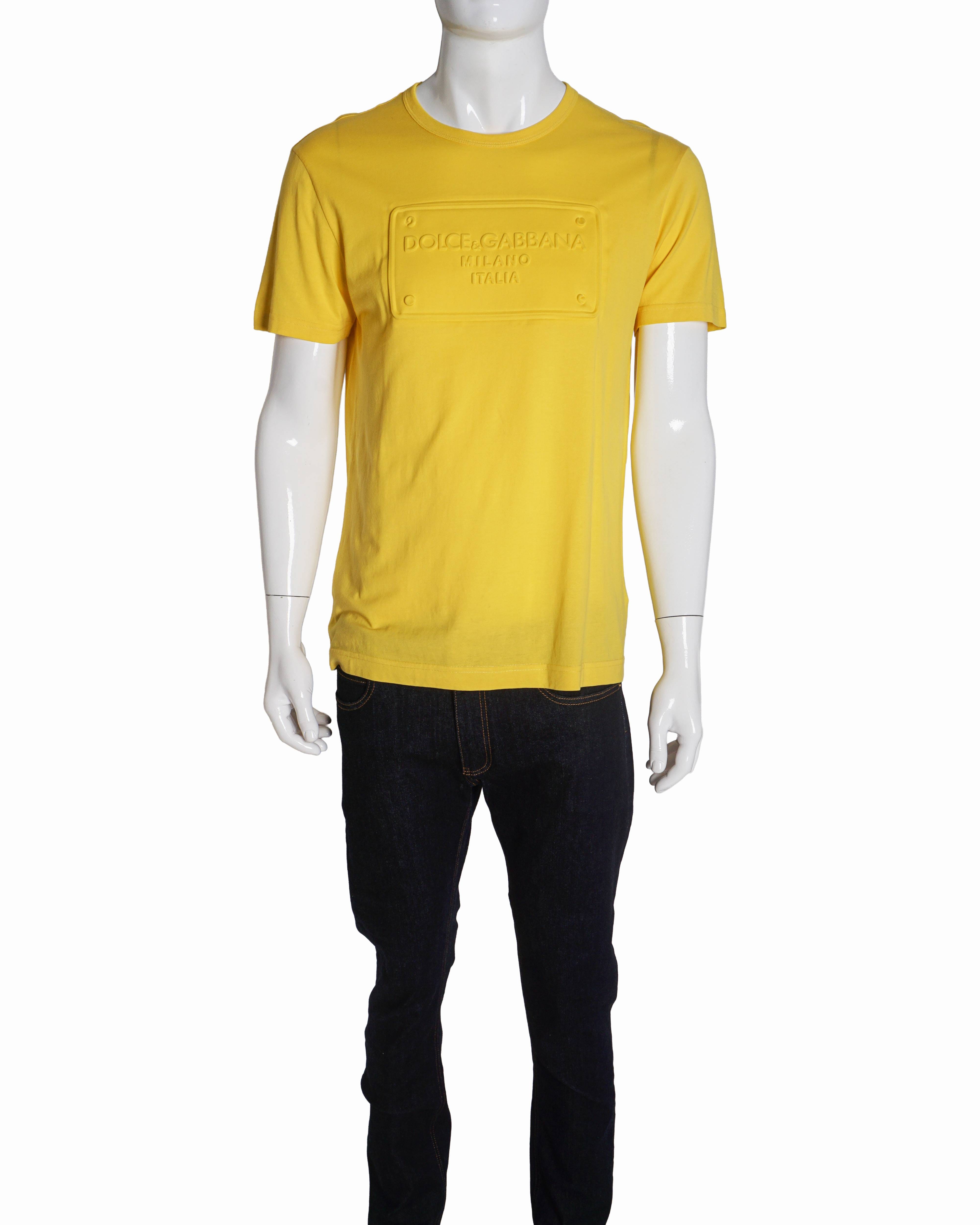 Dolce & Gabbana Yellow Embossed Logo Plaque Cotton T - Shirt