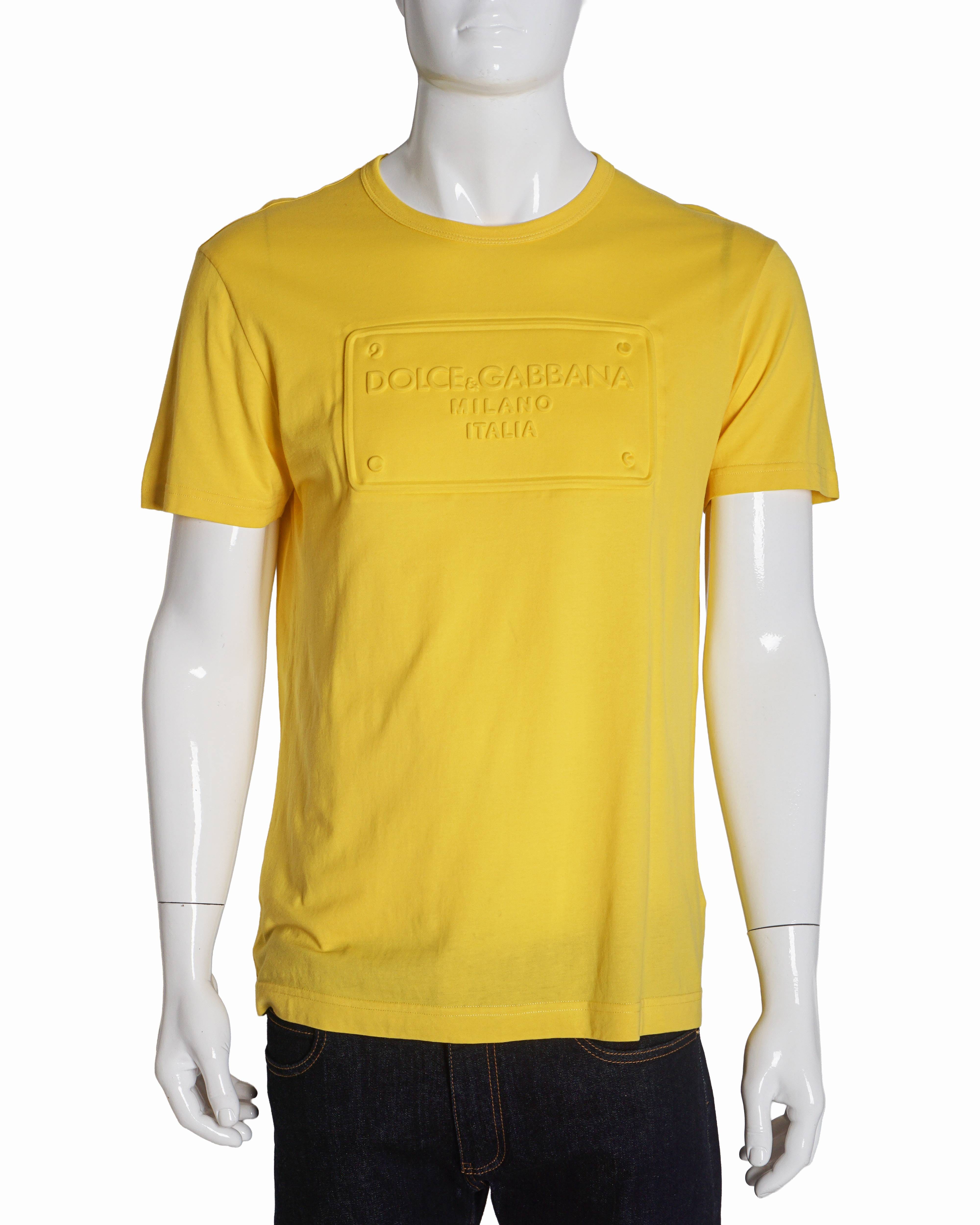 Dolce & Gabbana Yellow Embossed Logo Plaque Cotton T - Shirt