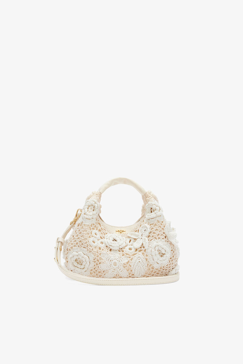 Ganni Egret Mini Hobo Bag In White Crochet
