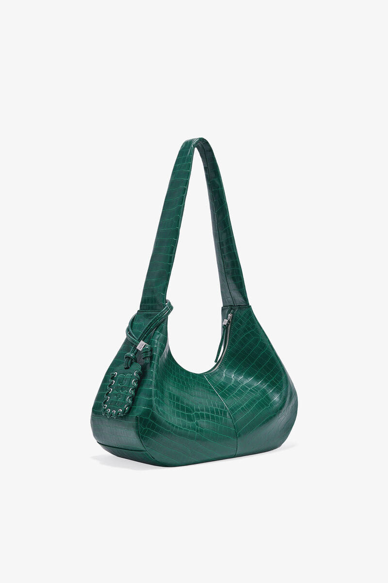 Ganni Pineneedle Green Croco Medium Hobo Bag