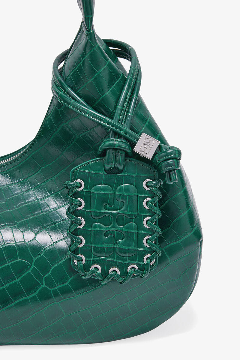 Ganni Pineneedle Green Croco Medium Hobo Bag