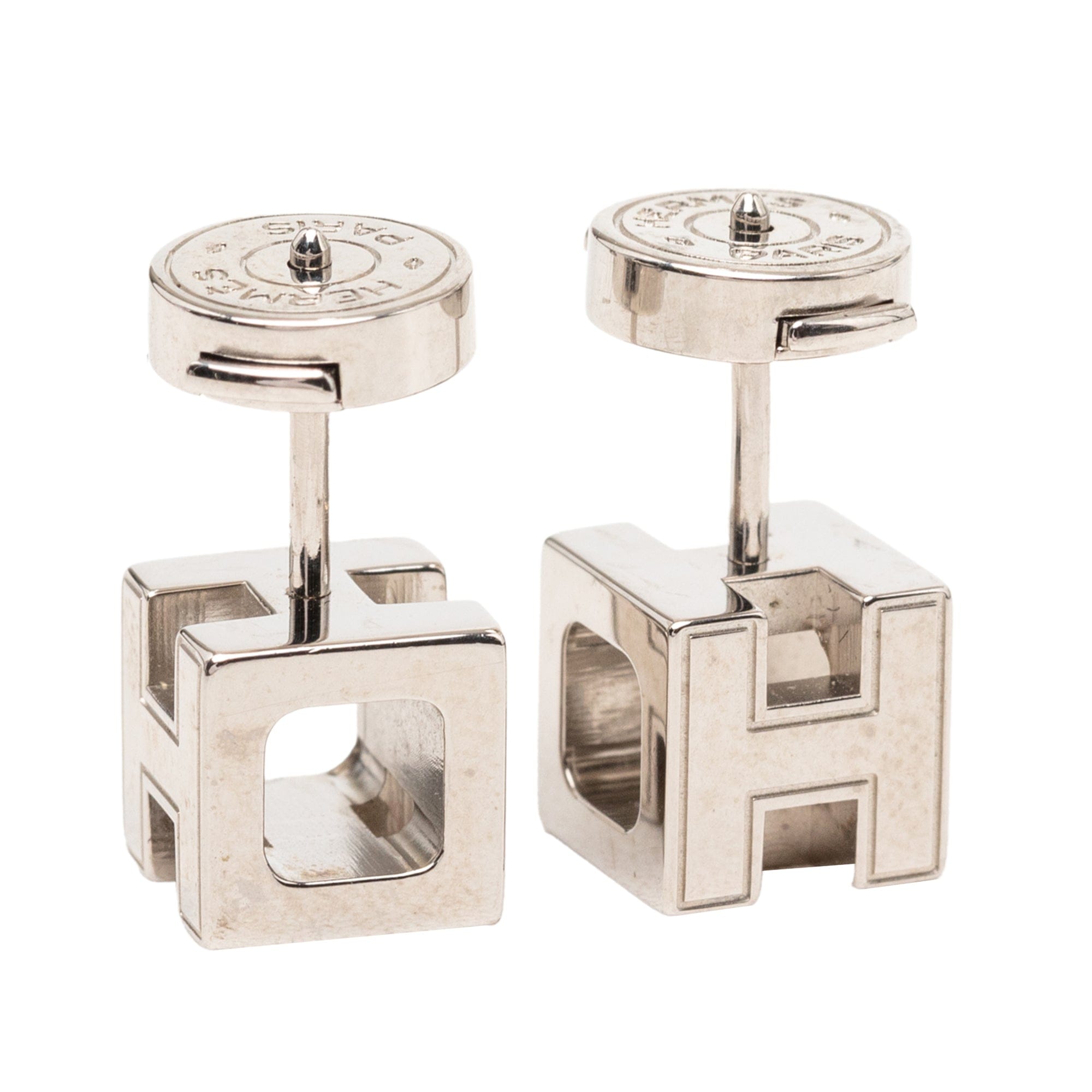 Hermès Palladium Plated Enamel Cage D H Push Back Earrings