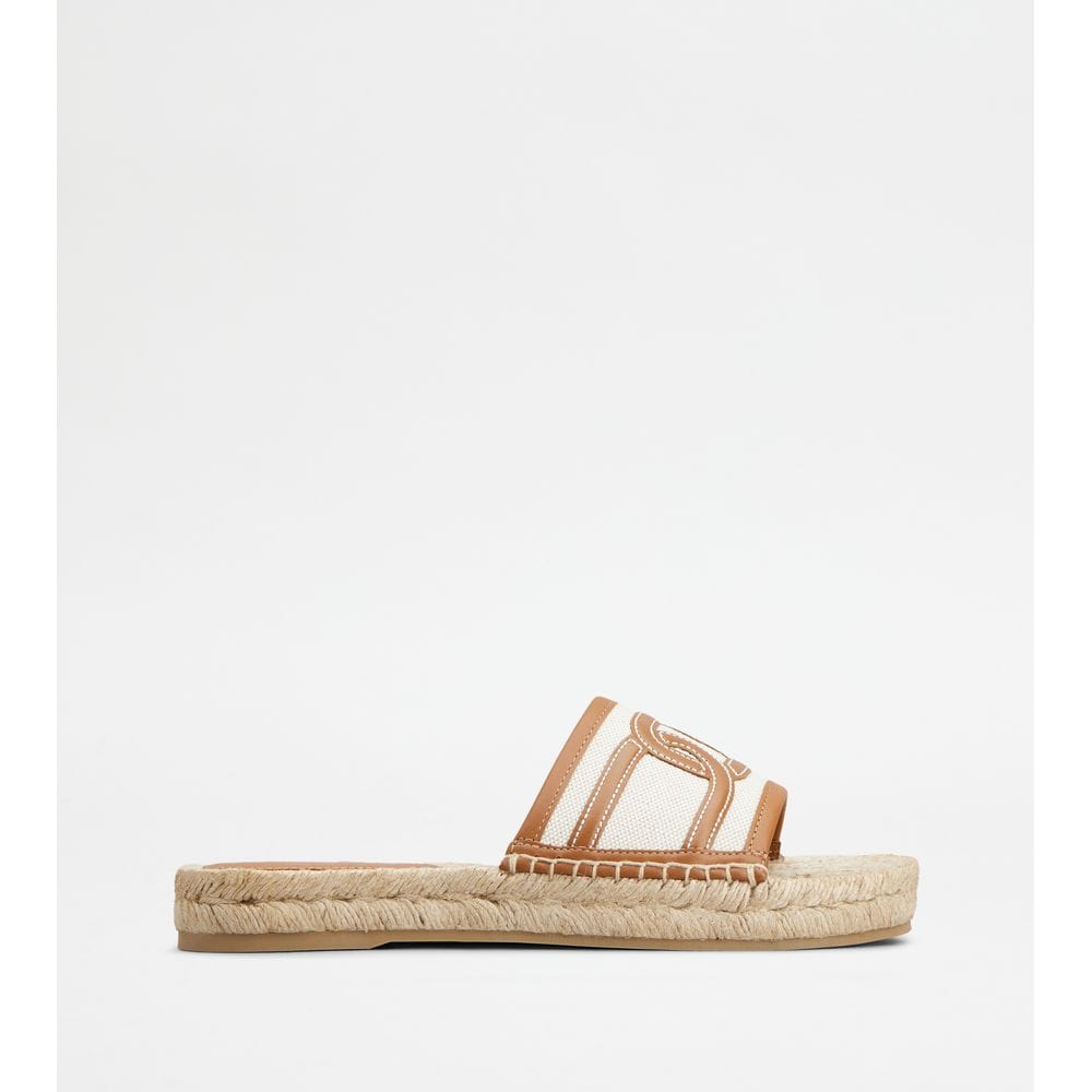 Tod's Tods Kate Sandals In Canvas And Leather White Brown Womens