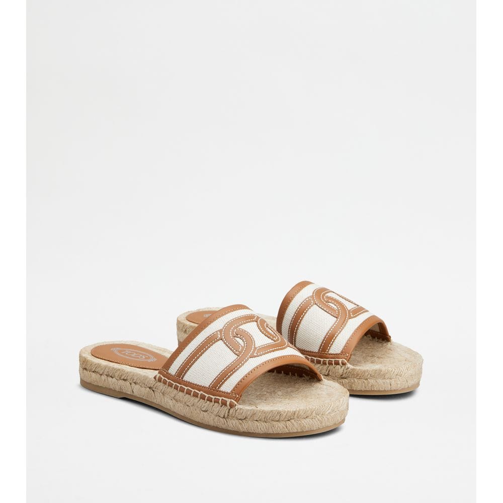 Tod's Tods Kate Sandals In Canvas And Leather White Brown Womens