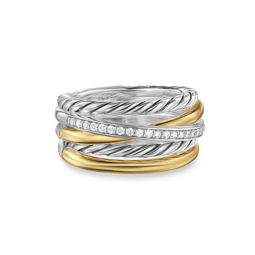 David Yurman Crossover Five Row Ring in Sterling Silver with 18K Yellow Gold and Diamonds, 11 mm, Size 6
