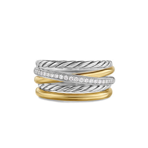 David Yurman Crossover Five Row Ring in Sterling Silver with 18K Yellow Gold and Diamonds, 11 mm, Size 6