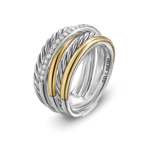 David Yurman Crossover Five Row Ring in Sterling Silver with 18K Yellow Gold and Diamonds, 11 mm, Size 6