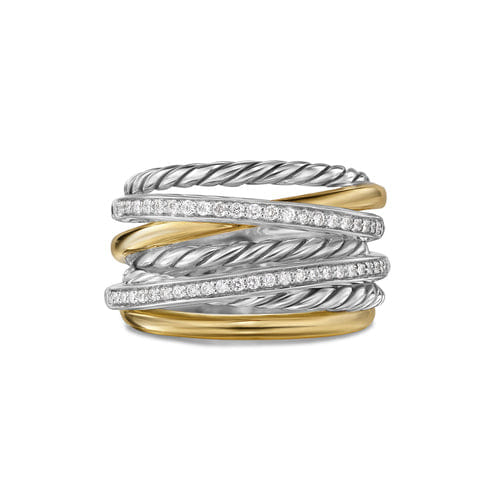 David Yurman Crossover Seven Row Ring in Sterling Silver with 18K Yellow Gold and Diamonds, 16 mm, Size 7