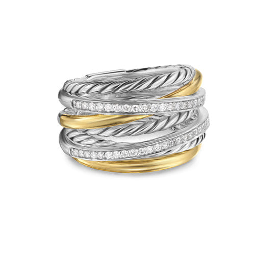 David Yurman Crossover Seven Row Ring in Sterling Silver with 18K Yellow Gold and Diamonds, 16 mm, Size 7