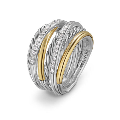 David Yurman Crossover Seven Row Ring in Sterling Silver with 18K Yellow Gold and Diamonds, 16 mm, Size 7