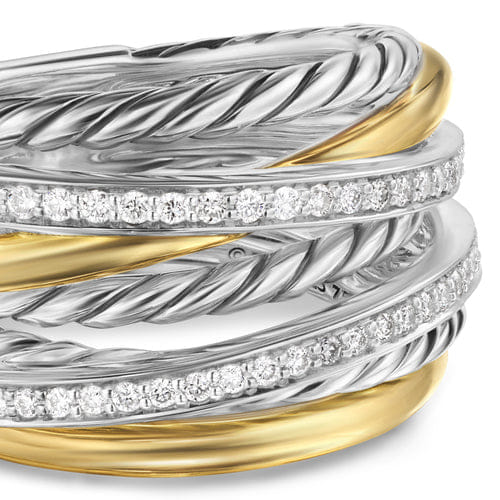 David Yurman Crossover Seven Row Ring in Sterling Silver with 18K Yellow Gold and Diamonds, 16 mm, Size 7