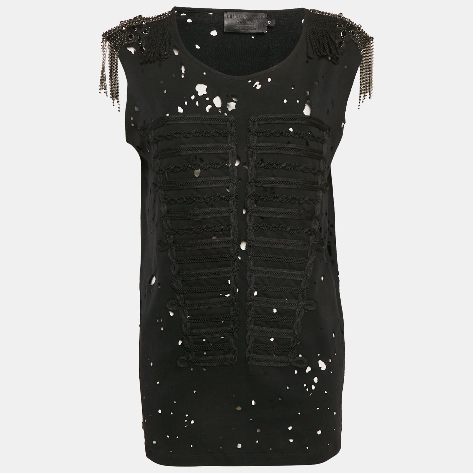 Philipp Plein Couture Black Shoulders Embellished Distressed Top