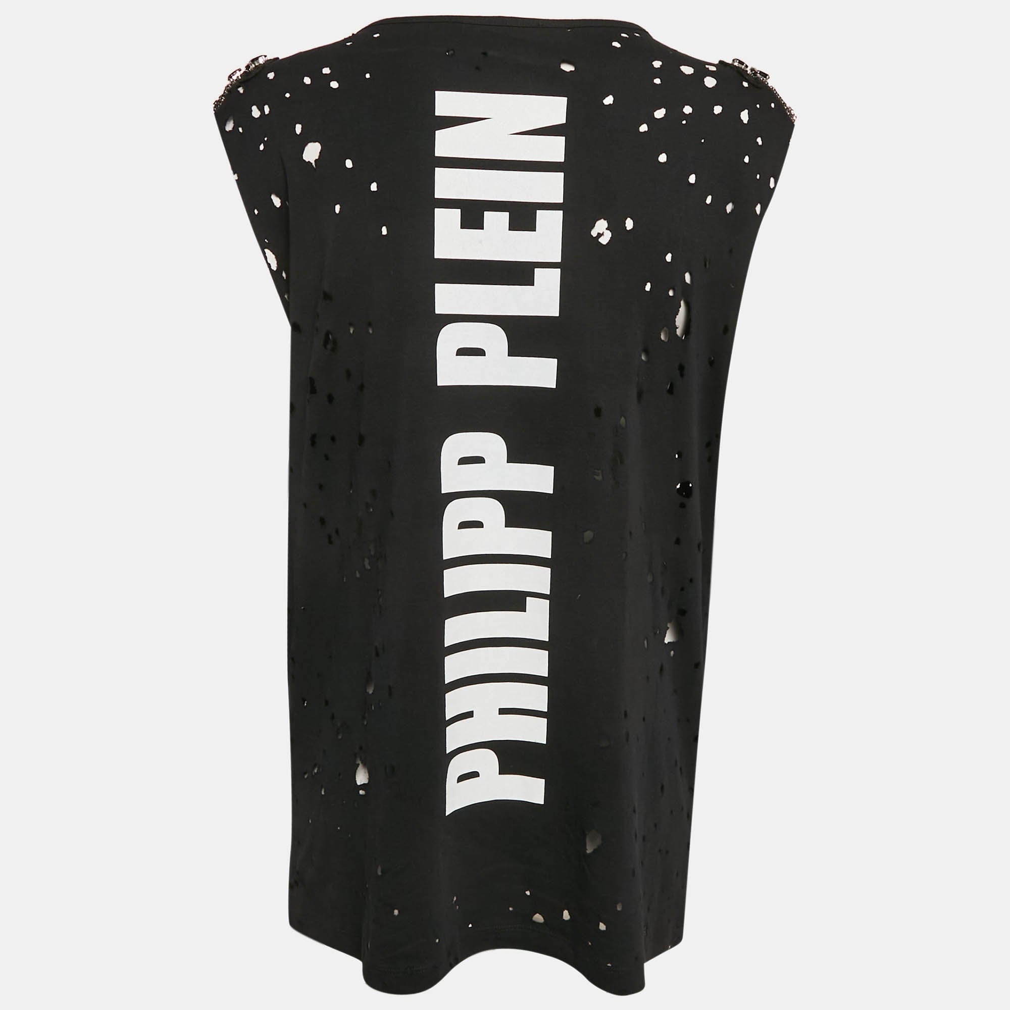 Philipp Plein Couture Black Shoulders Embellished Distressed Top